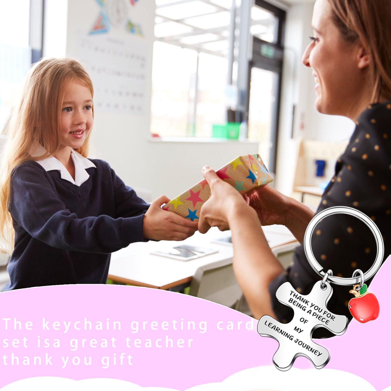 Johiux 6 Sets Thank You Teacher Gifts Teacher Keyring with Rainbow Thank You Card,Personalised Keyring Best Teacher Gifts Female Teachers Male Teachers Primary School Nursery Teacher Thank You Gifts - Image 2