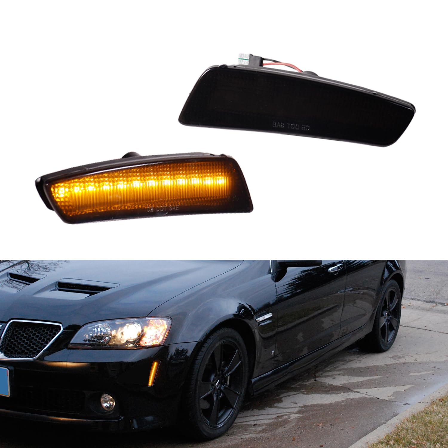 Tonsya Full Amber Led Lamps Dark Smoked Lens Front bumper side marker lights kit Compatible With 2008 2009 Pontiac G8 GT GXP