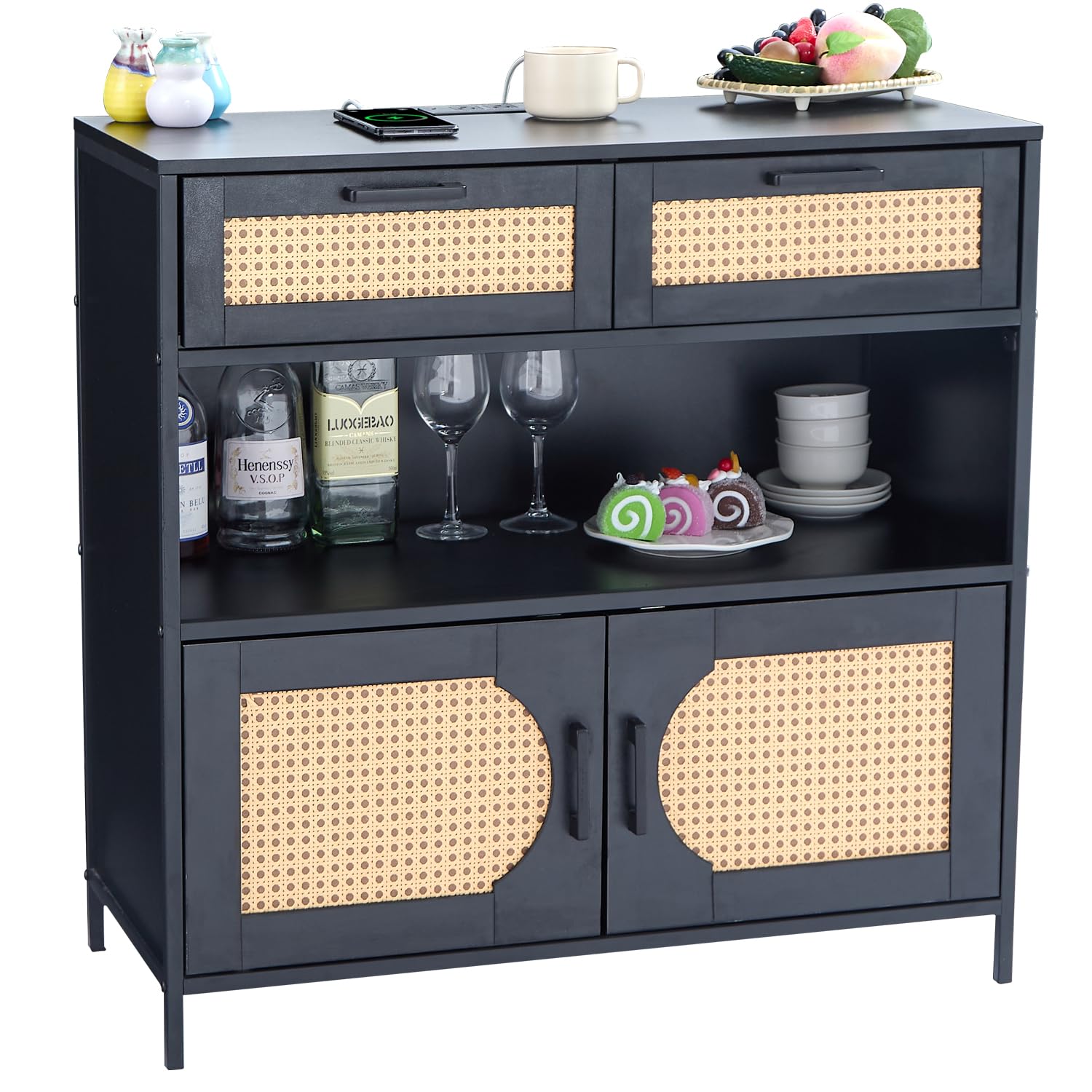 LIDYUK Sideboard Buffet Cabinet with Charging Station, Kitchen Storage Cabinet with Rattan Decorated Doors, Cupboard Console Table Sideboard Cabinet for Dining Room Hallway, Black
