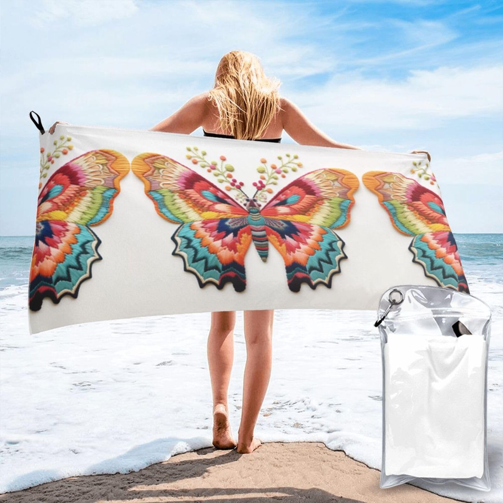 DIEzig Embroidery Colorful Butterfly Print Beach Towel Fast Dry Thin For Holiday Vacation Cruise Gym Swimmers