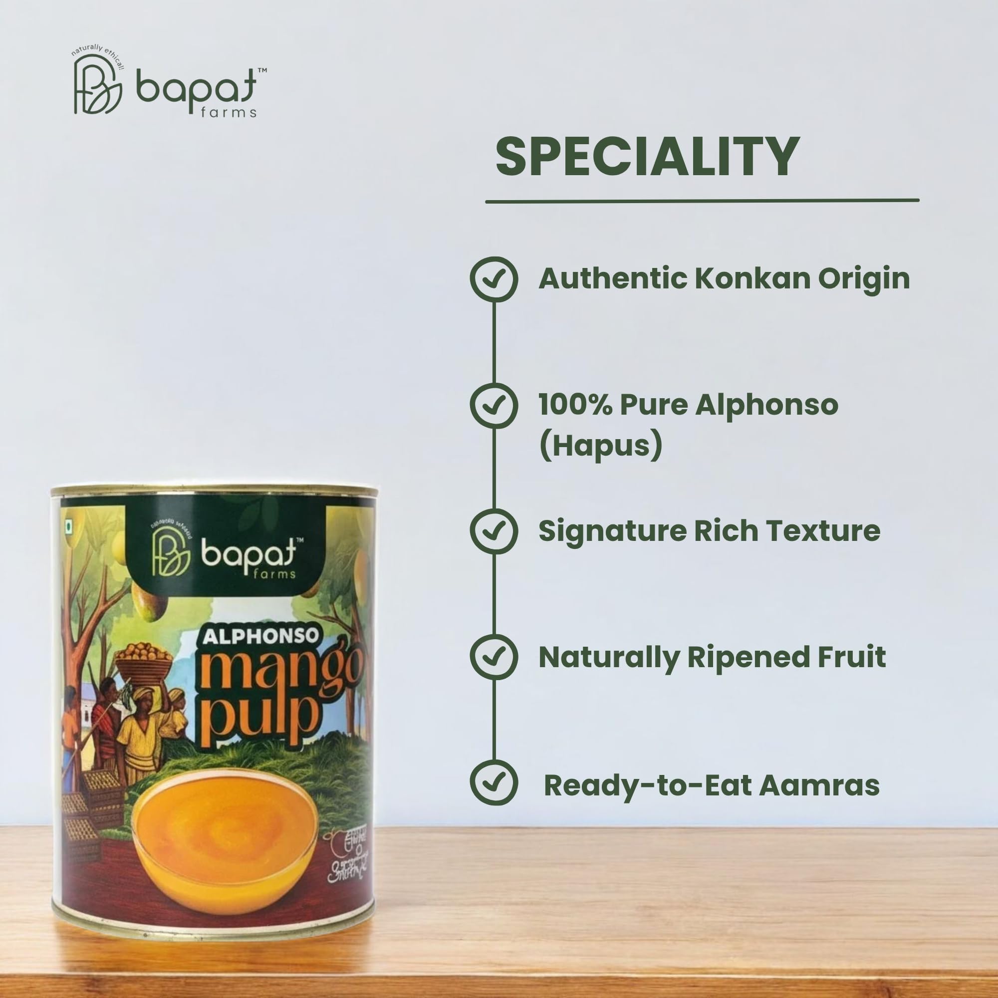 Bapat Farms Pure Alphonso Mango Pulp (Hapus), Authentic Konkan Origin, Rich & Creamy Aamras, Sweetened, 450g Tin