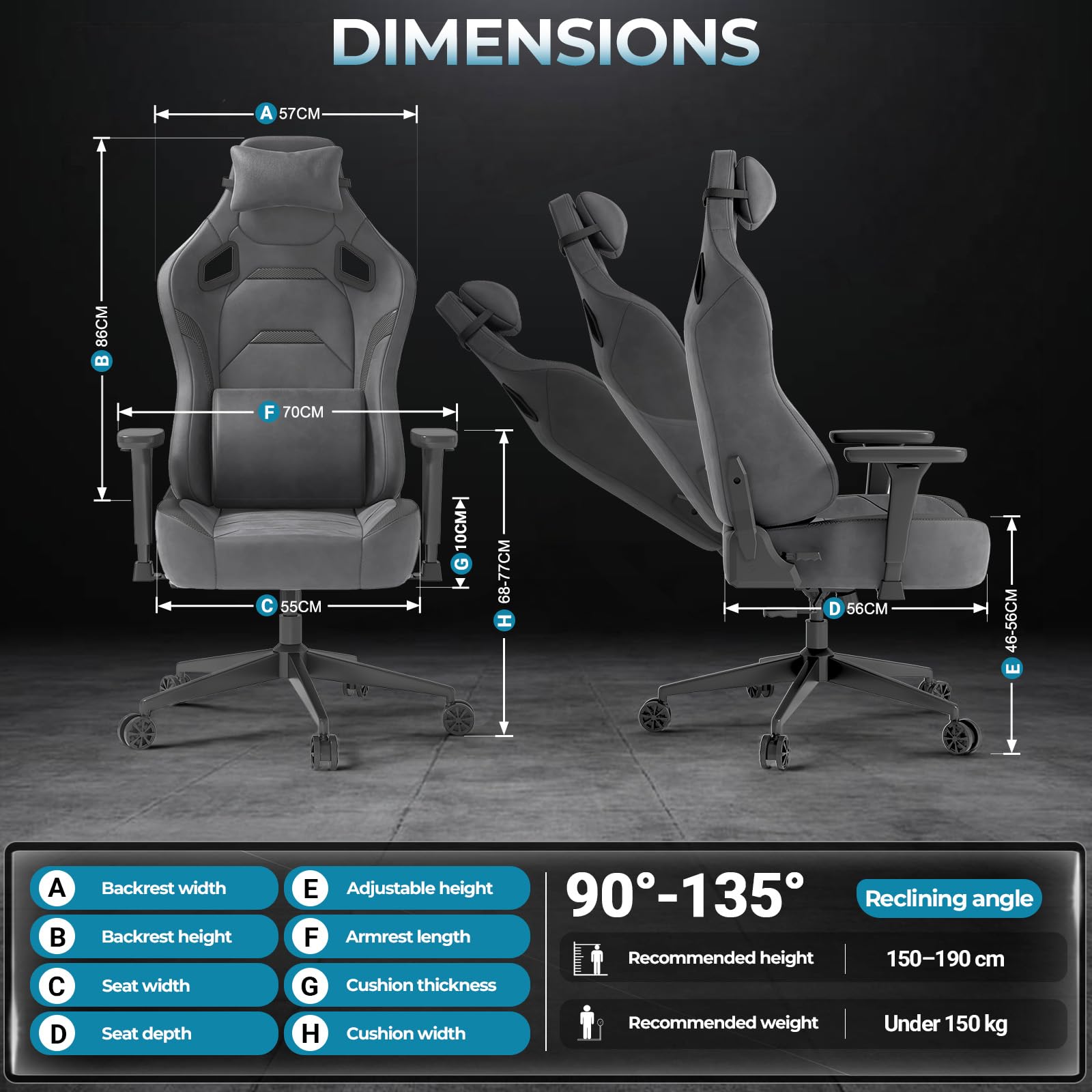 JUMMICO Sedia da gaming in ecopelle, sedia da ufficio ergonomica con braccioli 3D, sedia da scrivania con schienale reclinabile per gaming, lavoro e studio, portata massima 200 kg, grigio argento