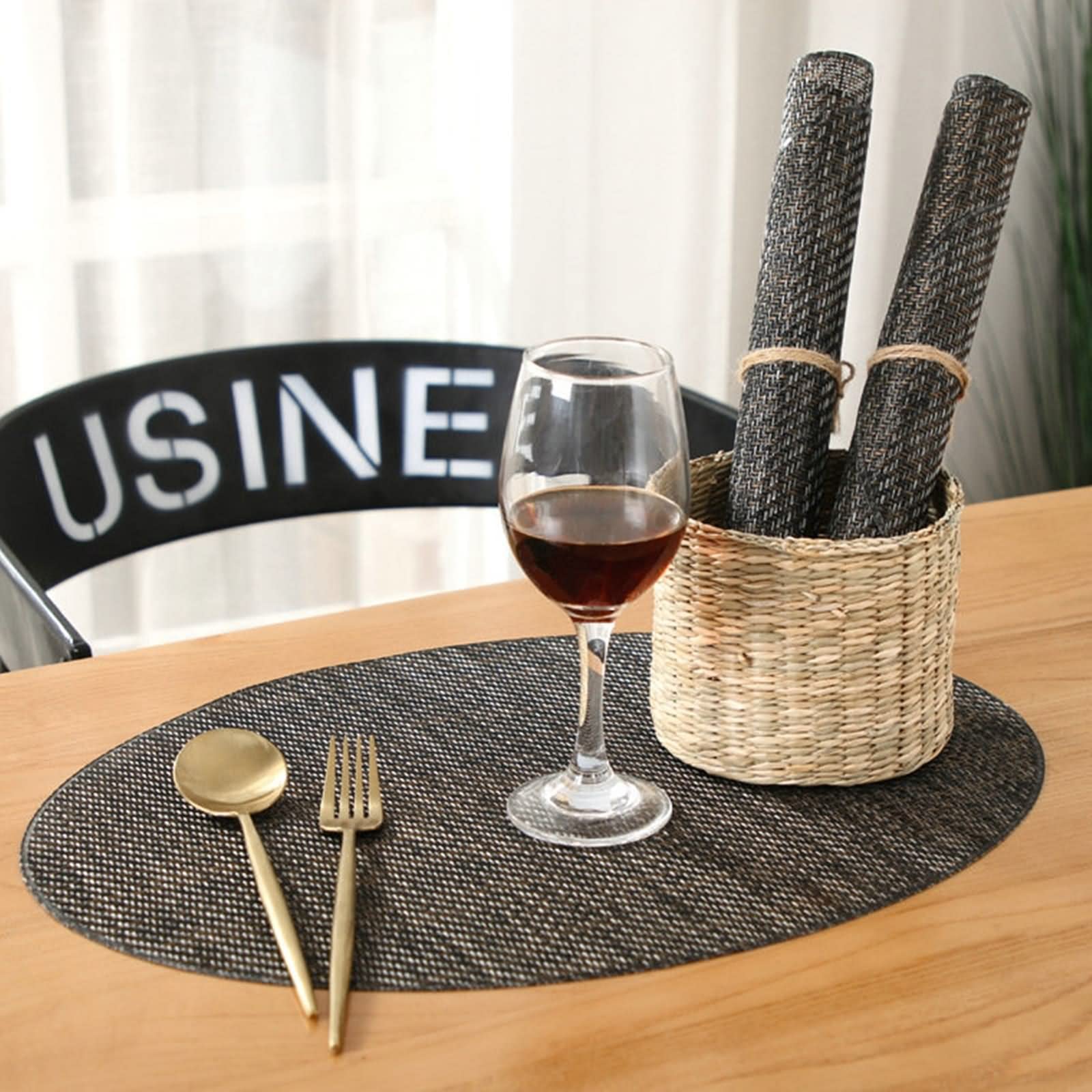 Juego de 6 manteles individuales para otoño, color negro, 45 x 30 cm, tejido ovalado, PVC