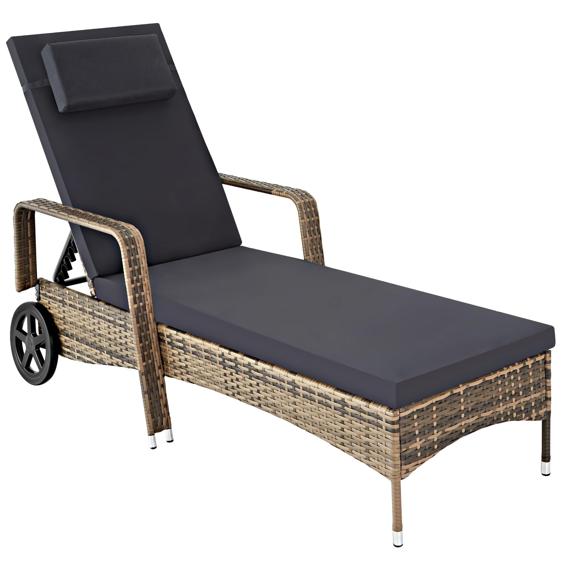TecTake 801041 Tumbona de ratán y Aluminio para jardín, Asiento de ratán sintético para terraza con Ruedas y Respaldo Ajustable, Mobiliario de Exterior para Piscina (Natural)