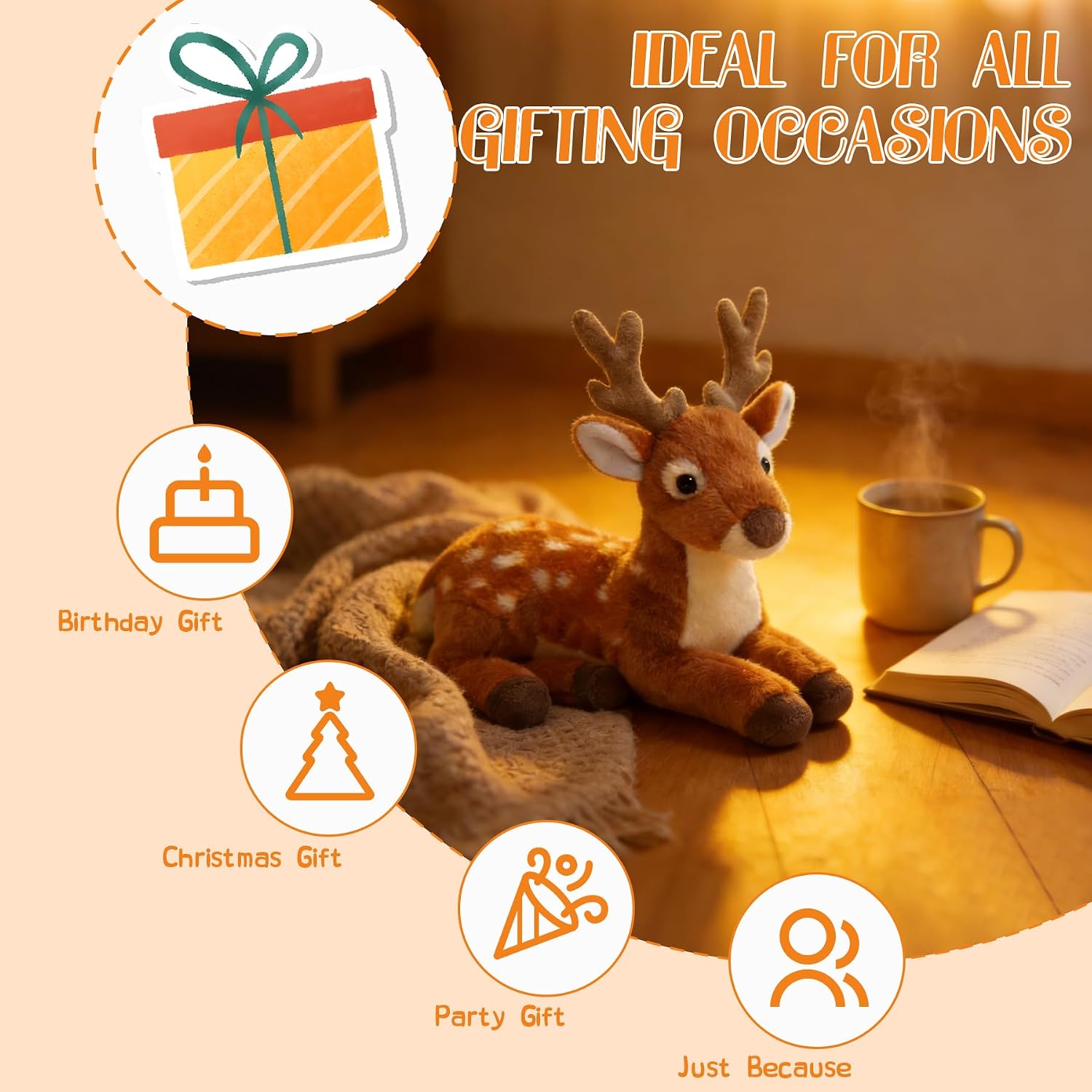 Realistic Stuffed Deer Plush - 10'' Lying Pose Male Buck with Majestic Antlers, Soft Cuddly Companion for Kids & Adults, Woodland Plush for Playtime & Bedroom Decor