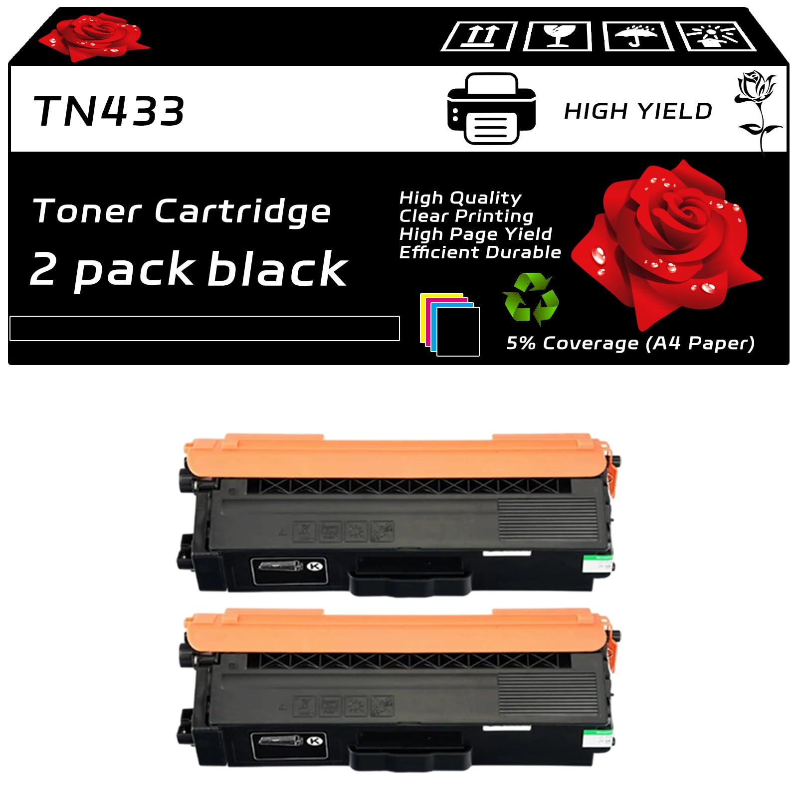 TN433 Toner Cartridge Compatible for Brother HL-L8360CDW HL-L8360CDWT MFC-L8610CDW MFC-L8895CDW Printers, with Chip, High Yield 5500 Pages, Clear Printing (2 Pack Black)