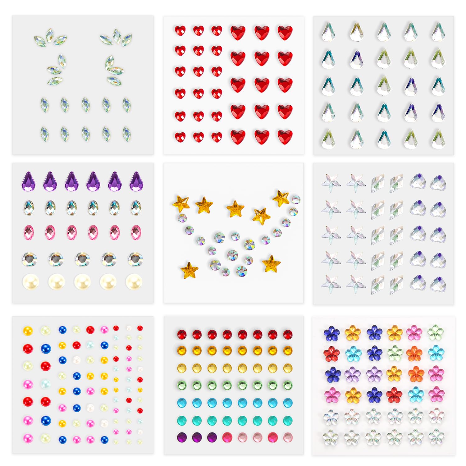 9 Hojas Pegatinas Gemas Cara, Pegatinas Autoadhesivas Joyas Cara que Incluyen Estrellas, Flores, Forma de Gota, Bonitas Joyas de Diamantes para Maquillaje, Fiestas, Festivales (Patrón 2)