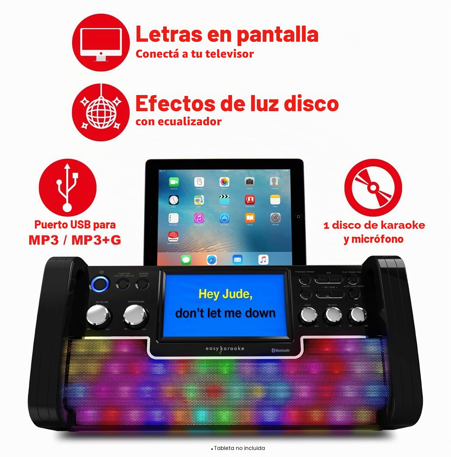 Easy Karaoke EKS780-BT Bluetooth CD+CDG Karaoke Disco Party Machine con Altavoz, 1 micrófono, Luces LED de Discoteca y Pantalla TFT a Color de 7 Pulgadas