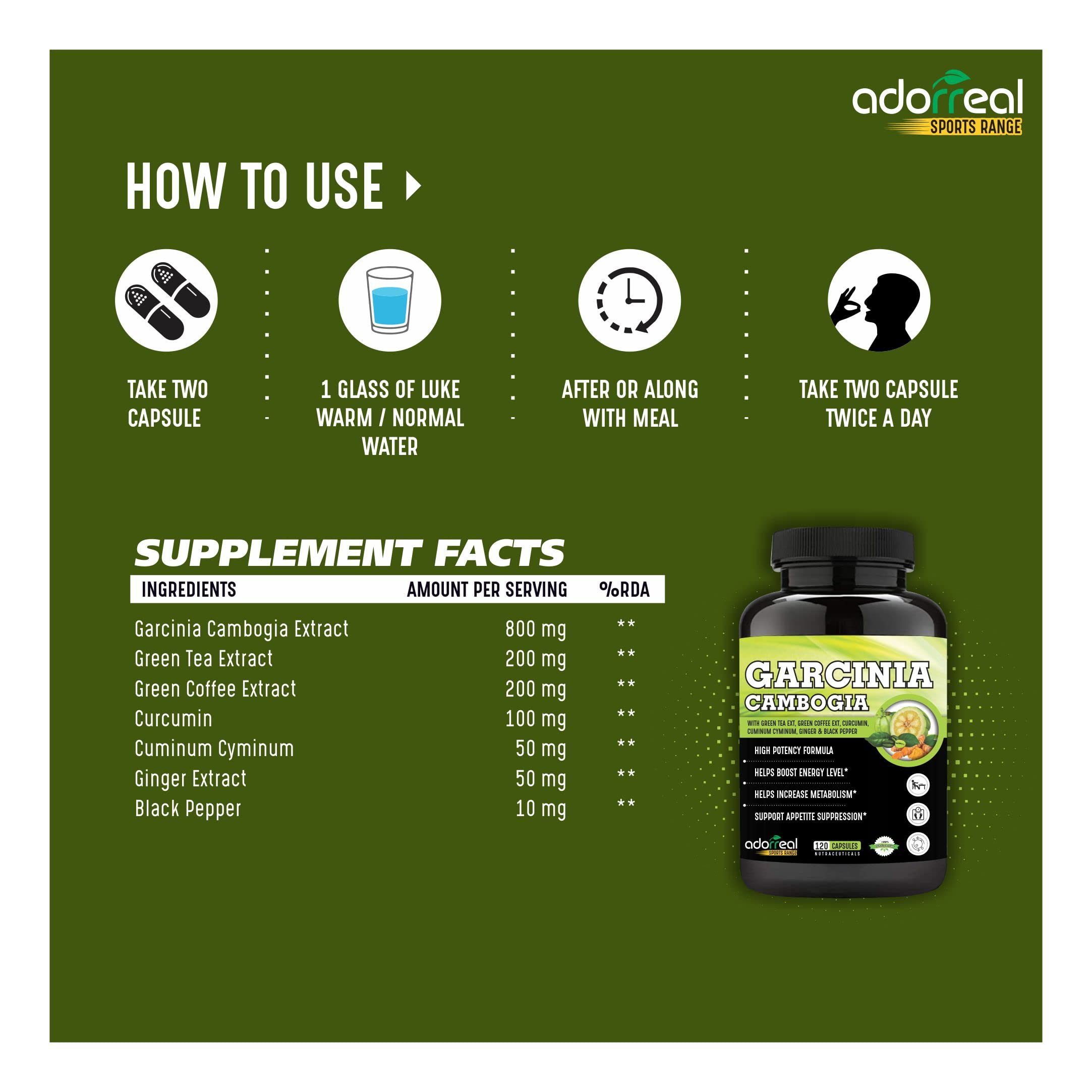 Adorreal Garcinia Cambogia 120 capsules,Green tea, Green Coffee, Curcumin, Ginger and Black pepper Extract| Weight Loss Supplement | Improves Digestion | 2
