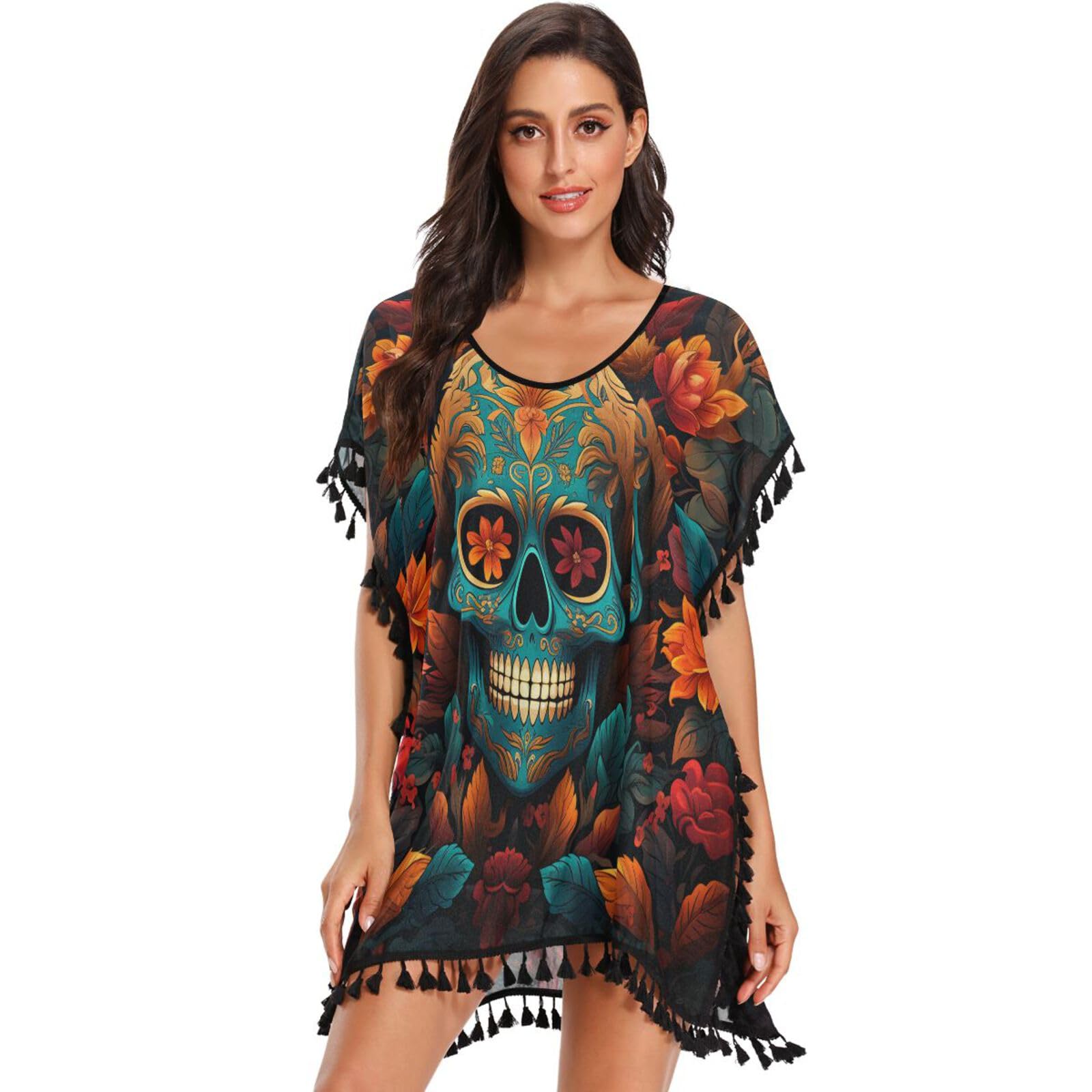 KAAVIYO Yellow Cyan Skulls Rose Flower Women's Beach Cover Up Chiffon Tassel Swimwear Swimsuit Coverups for Girl