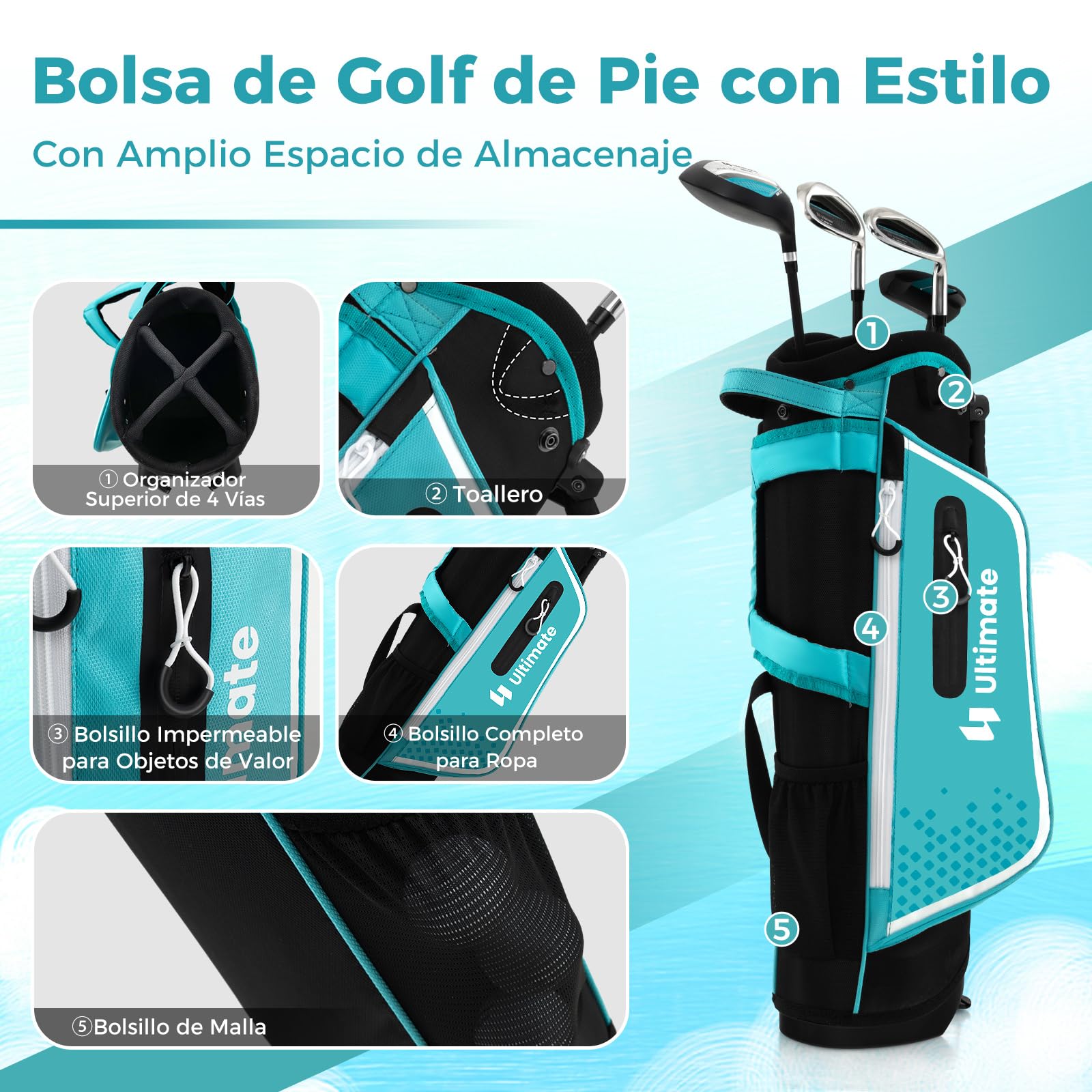COSTWAY Juego de Palos de Golf para Niños de 5 a 7 Años, Incl. Bolsa de Soporte con Capucha para Lluvia, Fairway N.º 3, Hierros y Putter N.º 7#S para Diestros