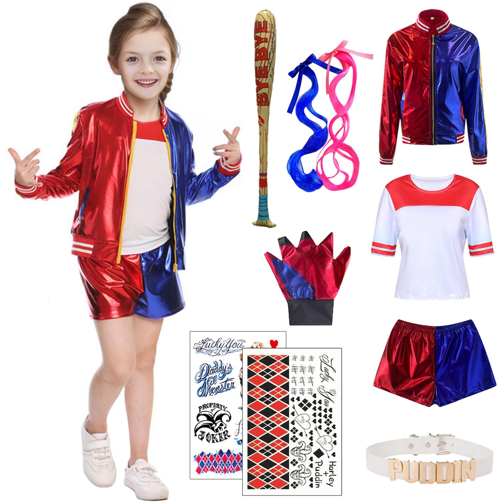 Ansamy Disfraz de Quinn para Niñas Mujer, Disfraz de Suicide Squad Escuadrón Cosplay Set - Camiseta Pantalones Chaqueta Guante, para Fiesta Halloween Carnaval