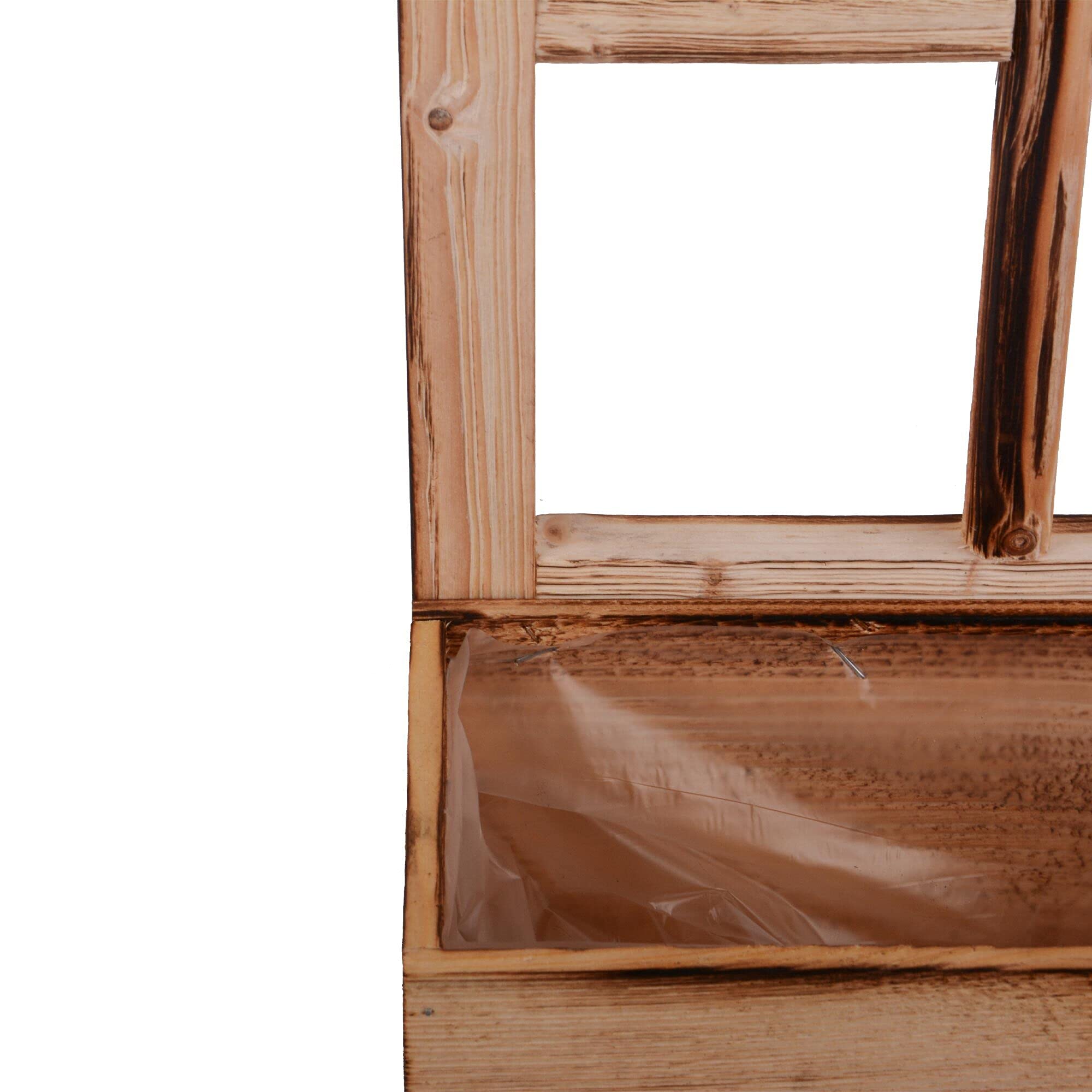 UNUS Ventana de madera con banco de plantas, decoración de madera envejecida flameada, 2 unidades