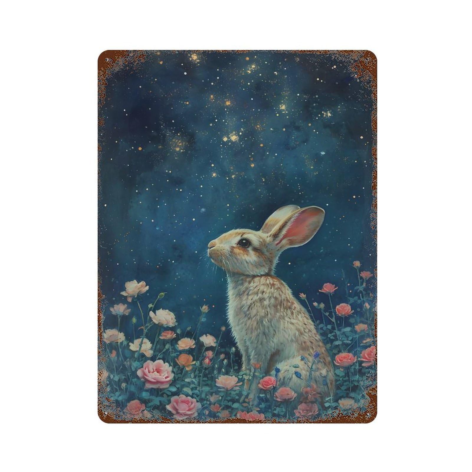Rust Effect Rabbit Gazing at Stars Aged Metal Wall Plaque 15.7"x11.8", Farmhouse Wall Decor for Office, Studio And Wall Decor