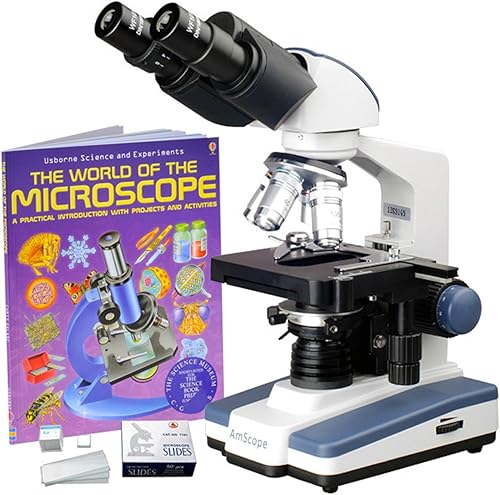 Microscopio compuesto binocular de laboratorio 2500X LED w 3D-etapa, libro y conjunto de diapositivas en blanco