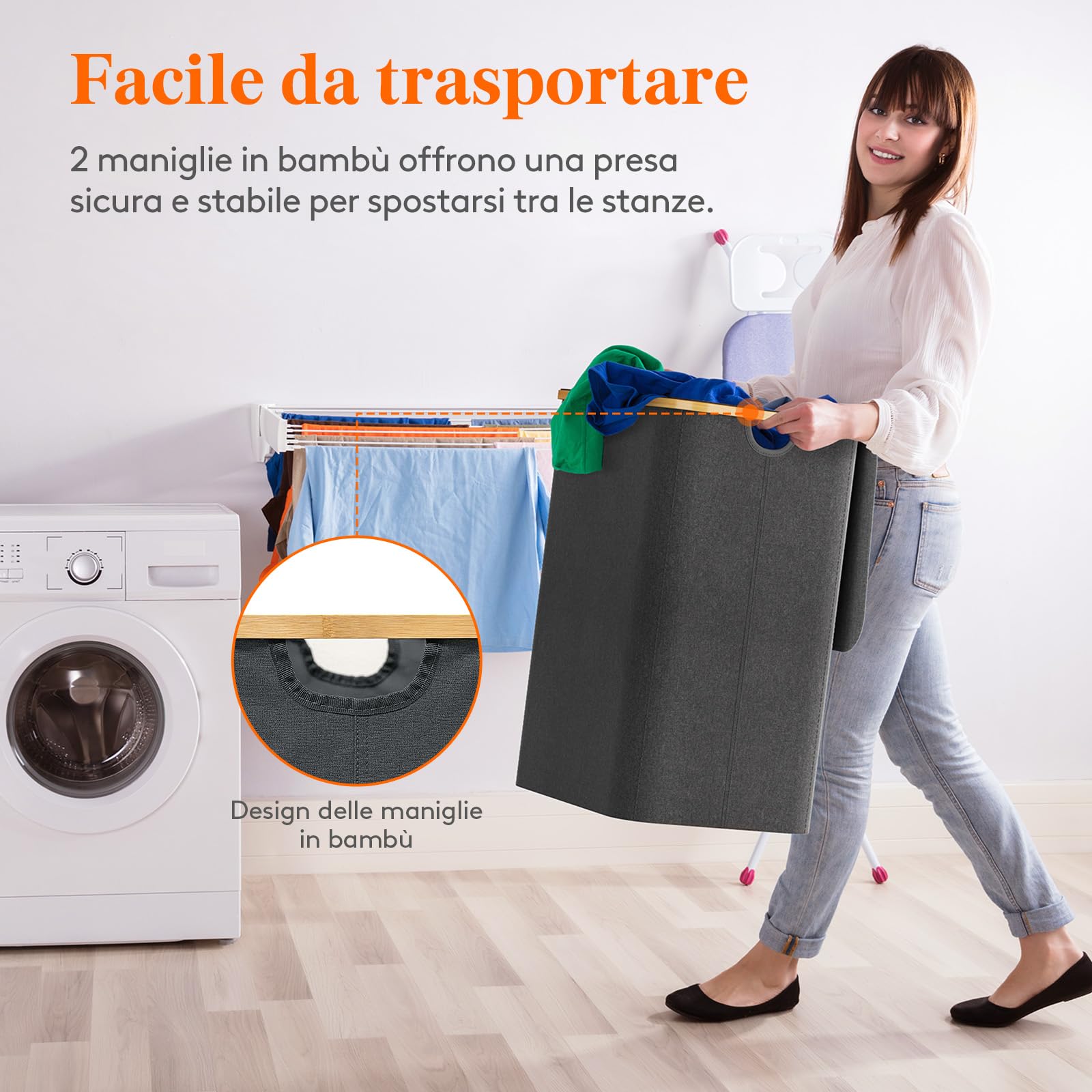 Lifewit 150L Cesto Portabiancheria 3 Scomparti, Cesta Biancheria Sporca con Manici Bambù, Cesto Panni Sporchi con 3 Sacco, Cesto Lavanderia, Porta Biancheria Sporca per Bagno, Grigio Scuro