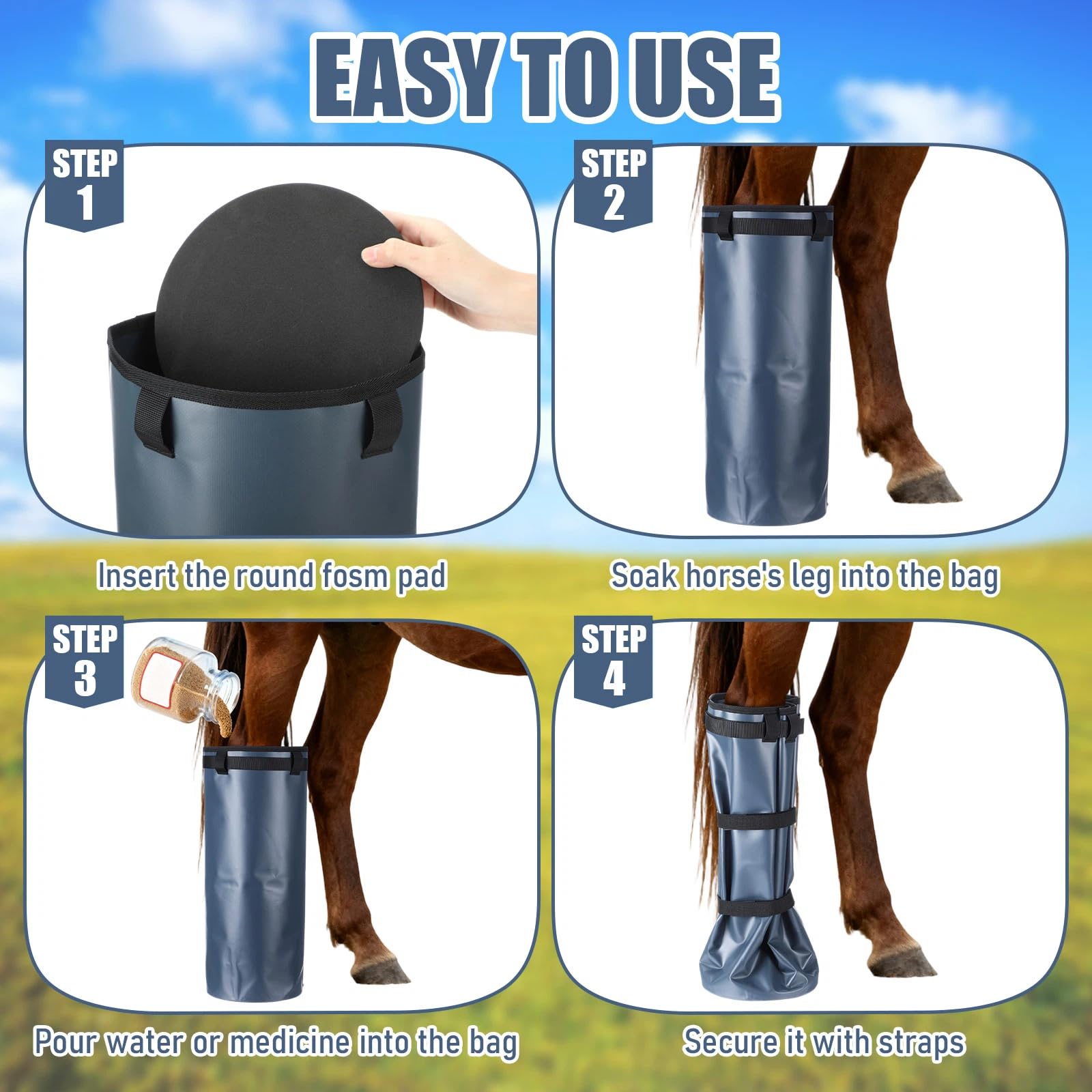 4 Pcs Easy Use Hoof Soaking Boot for Horse Soaker Bag, Hoof Care Treatment Bucket with Eva Pad and Elastic Band, 2 Pairs Horse Soaker Bag for Common Equine Hooves Ailment Problem
