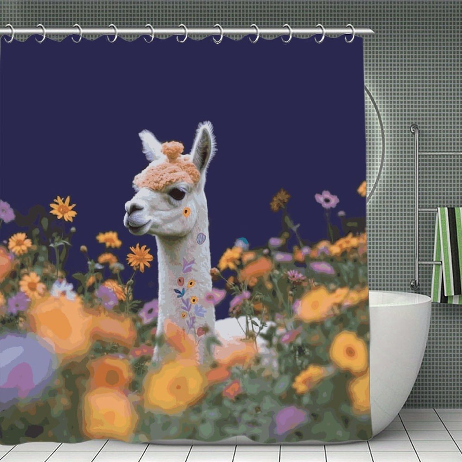 VstaDank Alpaca Surrounded by Flowers Shower Curtain 71x71 Heavy Duty Polyester Cloth Bath Curtain with Hooks Thick Waterproof Shower Liner Fun Magic Decorative Bathroom Curtains for Bathtub
