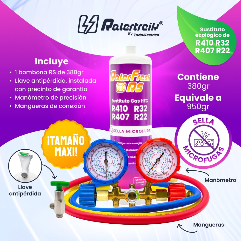 Split Ralerfresh RS organisches Kühlgas für Klimaanlagen, entspricht 950 g, Ersatz für R410, R32, R407 und R22 (Flasche + 2-Wege-Manometer + Schläuche + Adapter)