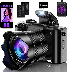 8K Digital Cameras for Photography with WiFi,Autofocus 88MP Vlogging Camera for YouTube with Dual-Lens,16X Digital Zoom Point and Shoot Camera,3.2''Touch Screen, Anti-Shake,2 Batteries &Charging Stand