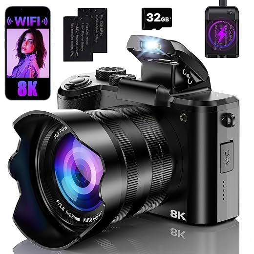 8K Digital Cameras for Photography with WiFi,Autofocus 88MP Vlogging Camera for YouTube with Dual-Lens,16X Digital Zoom Point and Shoot Camera,3.2''Touch Screen, Anti-Shake,2 Batteries &Charging Stand
