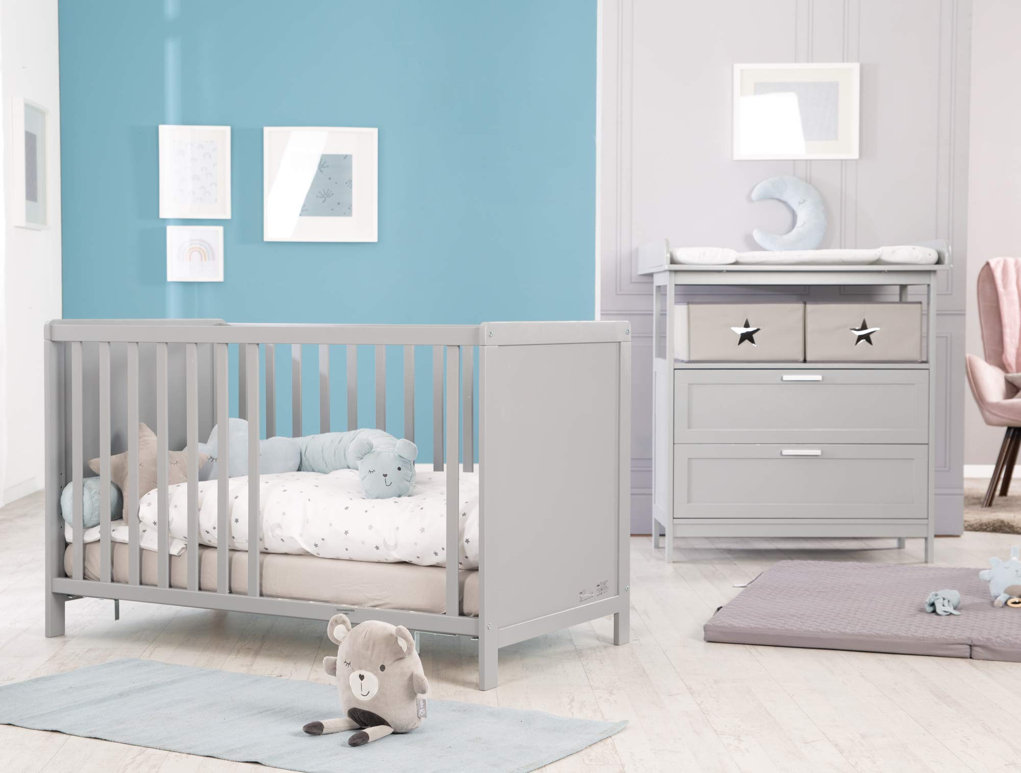 roba Zestaw pokoju dziecięcego 2-częściowy - Komoda z odpinanym blatem do przewijania & 2 szufladami + Łóżeczko dziecięce 60 x 120 cm z funkcją jako łóżko przyściennie - Drewno szare