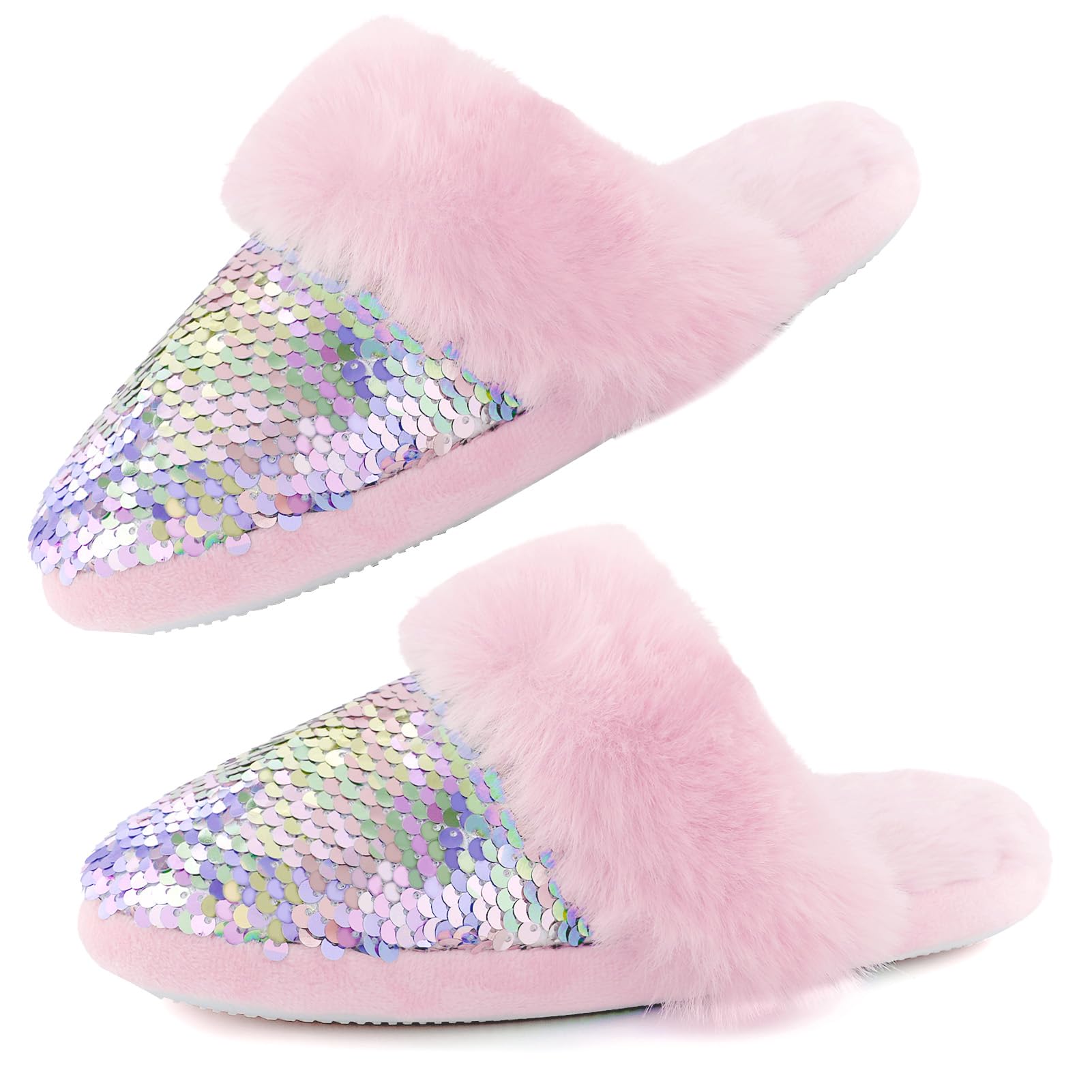 Girls Fluffy Slippers,Sequin Faux Fur Fuzzy Slip-on House Slippers with  Memory Foam House Shoes for Girls Bedroom Slippers