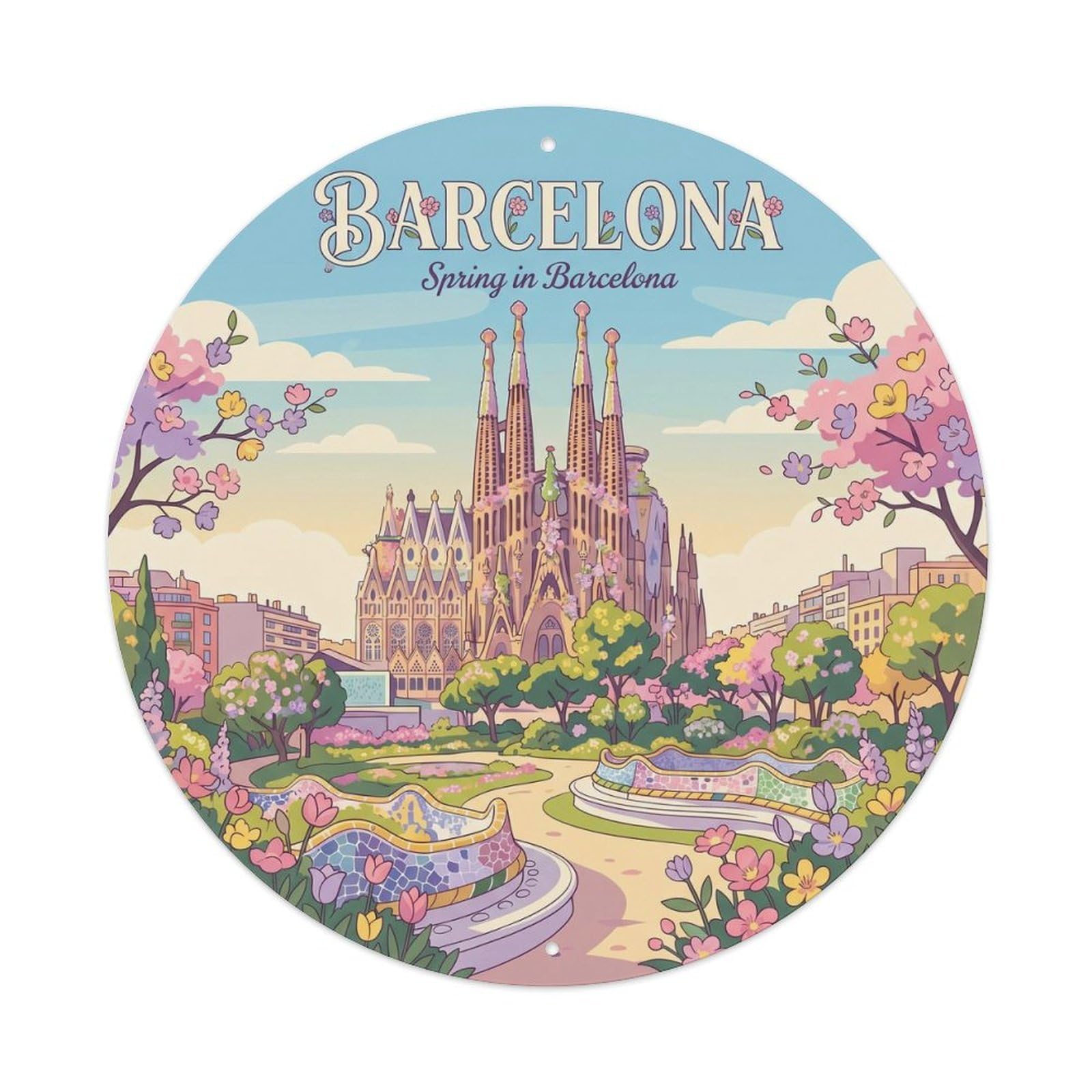 Vintage Travel Barcelona Spring Flowers Blooming Metal Tin Sign Plaque Wall Decor for Cafe, Club, Garden Round Metal Poster 8x8Inch