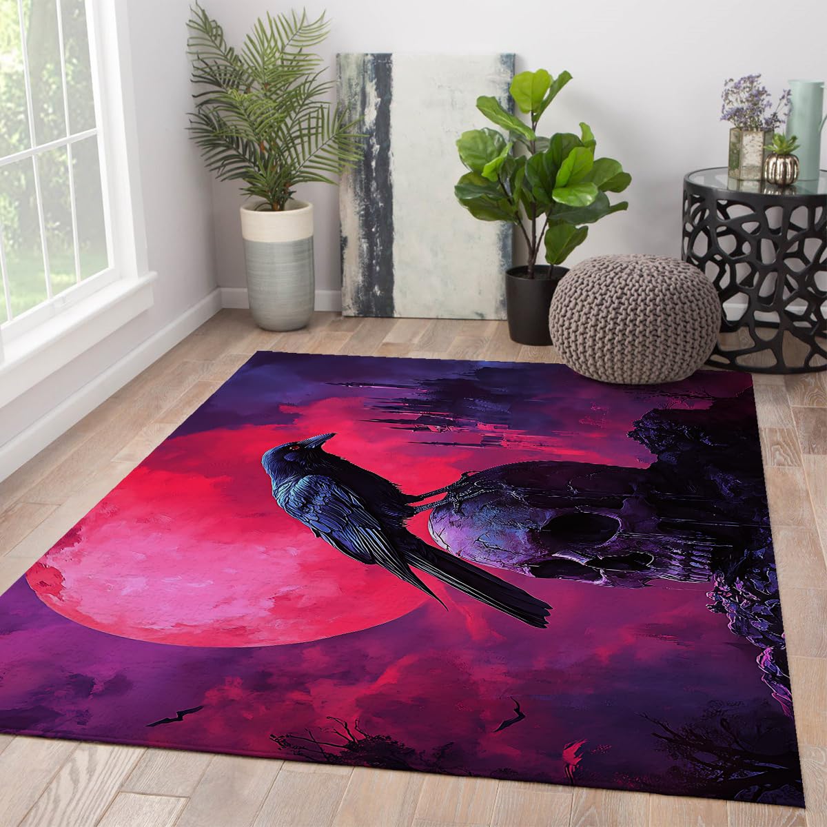 Dywaniki o wymiarach 140 x 180 cm, gotycki kruk i czaszka, można prać