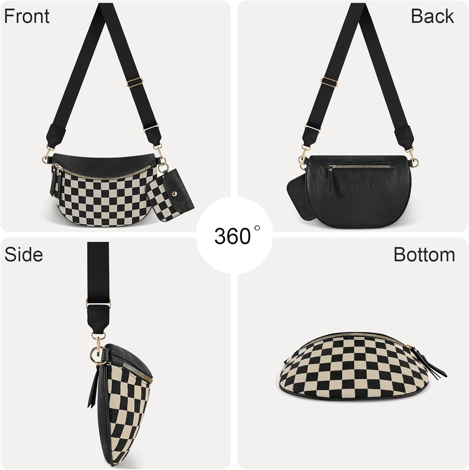 Checkered Crossbody Bag Bum Bags for Women Crossbody PU Leather Checkered Wallet Belt Bag Crossbody Handbags, Black Checkered - Image 6