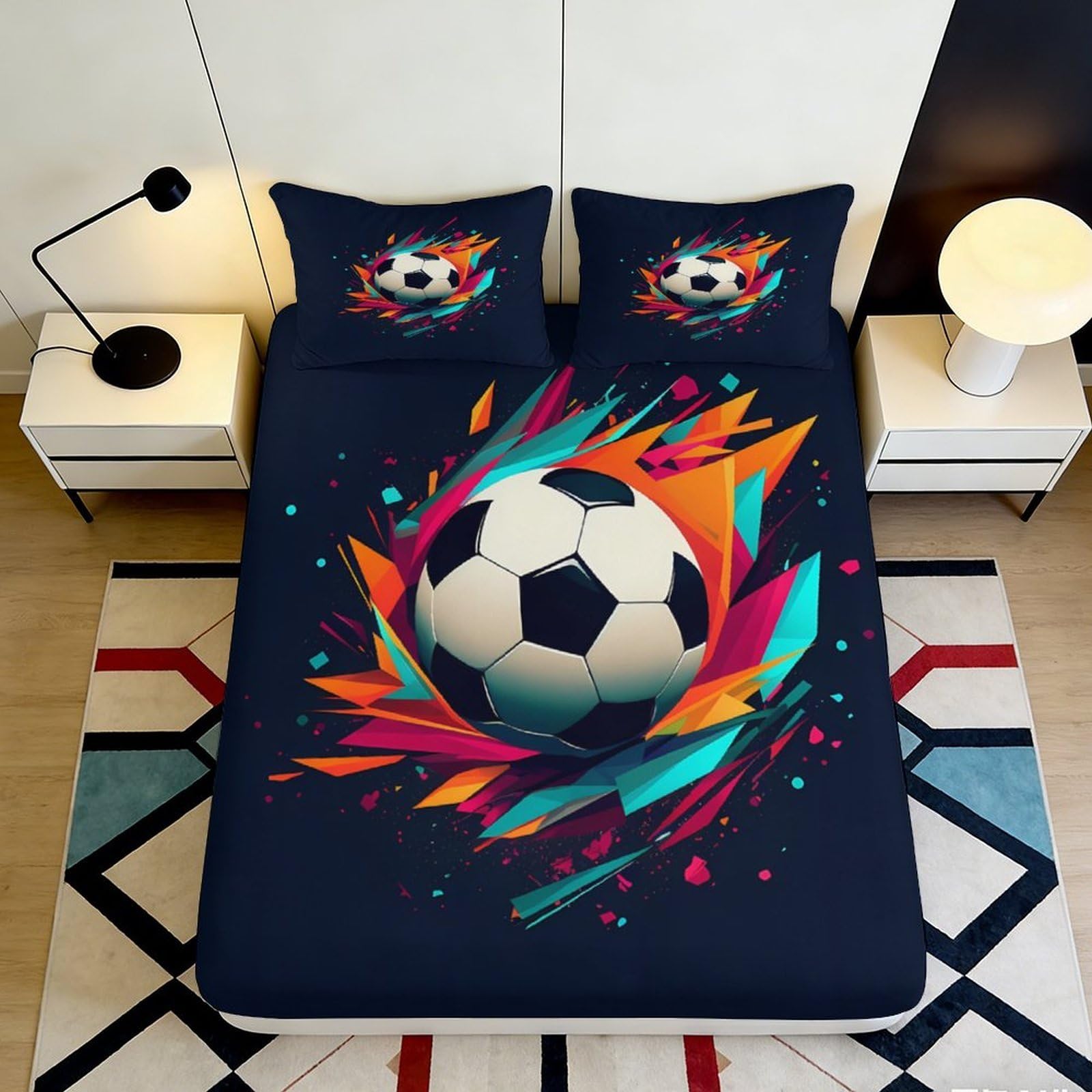 Dhbaneiok Style-1 3D Printed Soccer Fire Fitted Sheet Microfiber Soft Non-Slip Football Splash Mattress Cover For Bedroom Dorm Decor 90X200x25cm