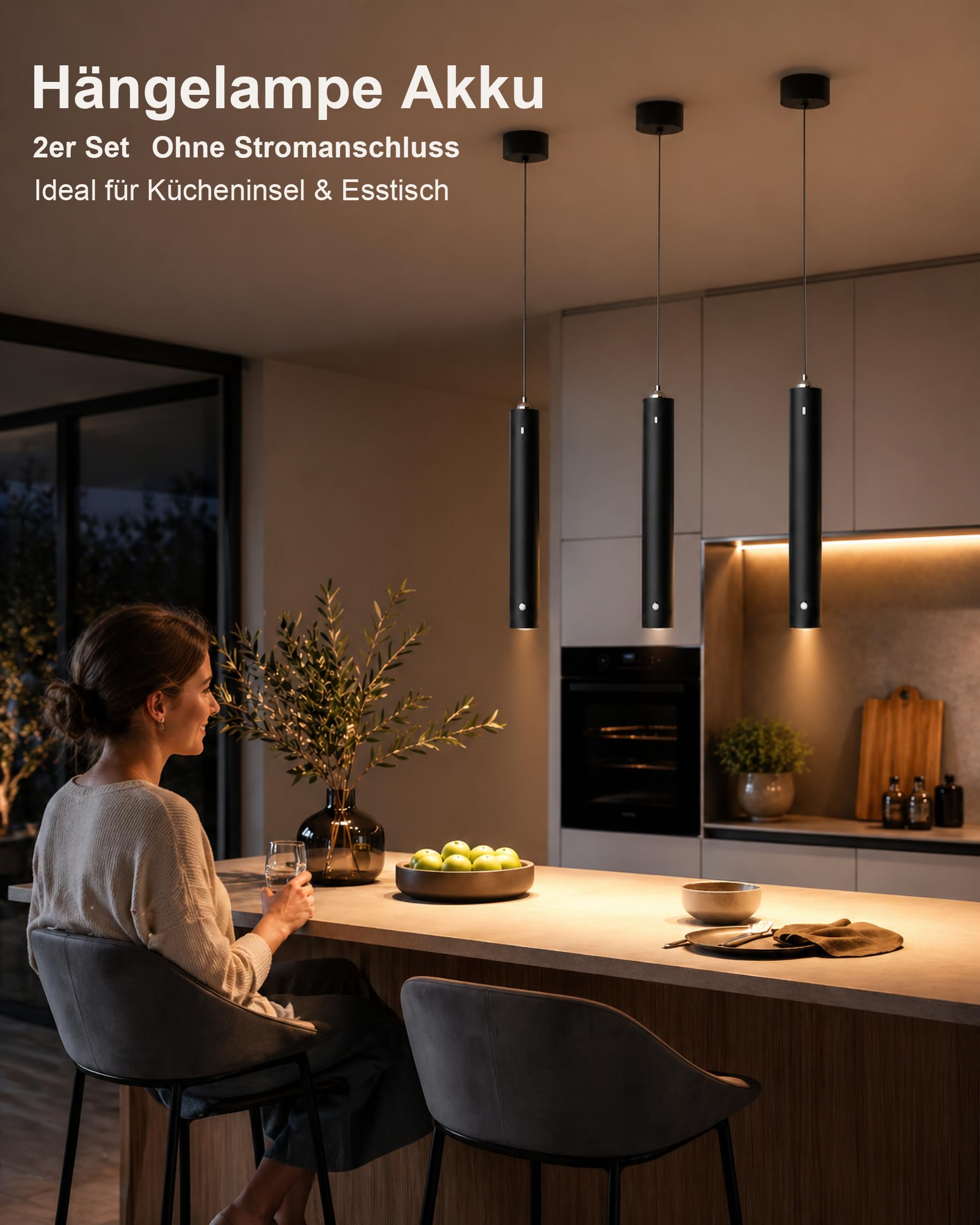 ACMHNC Akku Pendelleuchte, 2er LED Hängelampe mit Batterie 4500mAh, Dimmbare mit Fernbedienung, Timer 1/2/4/6H, 3 Lichtfarben, 5W Pendelleuchte Schwarz für Schlafzimmer, Esstisch, Ø4x30cm