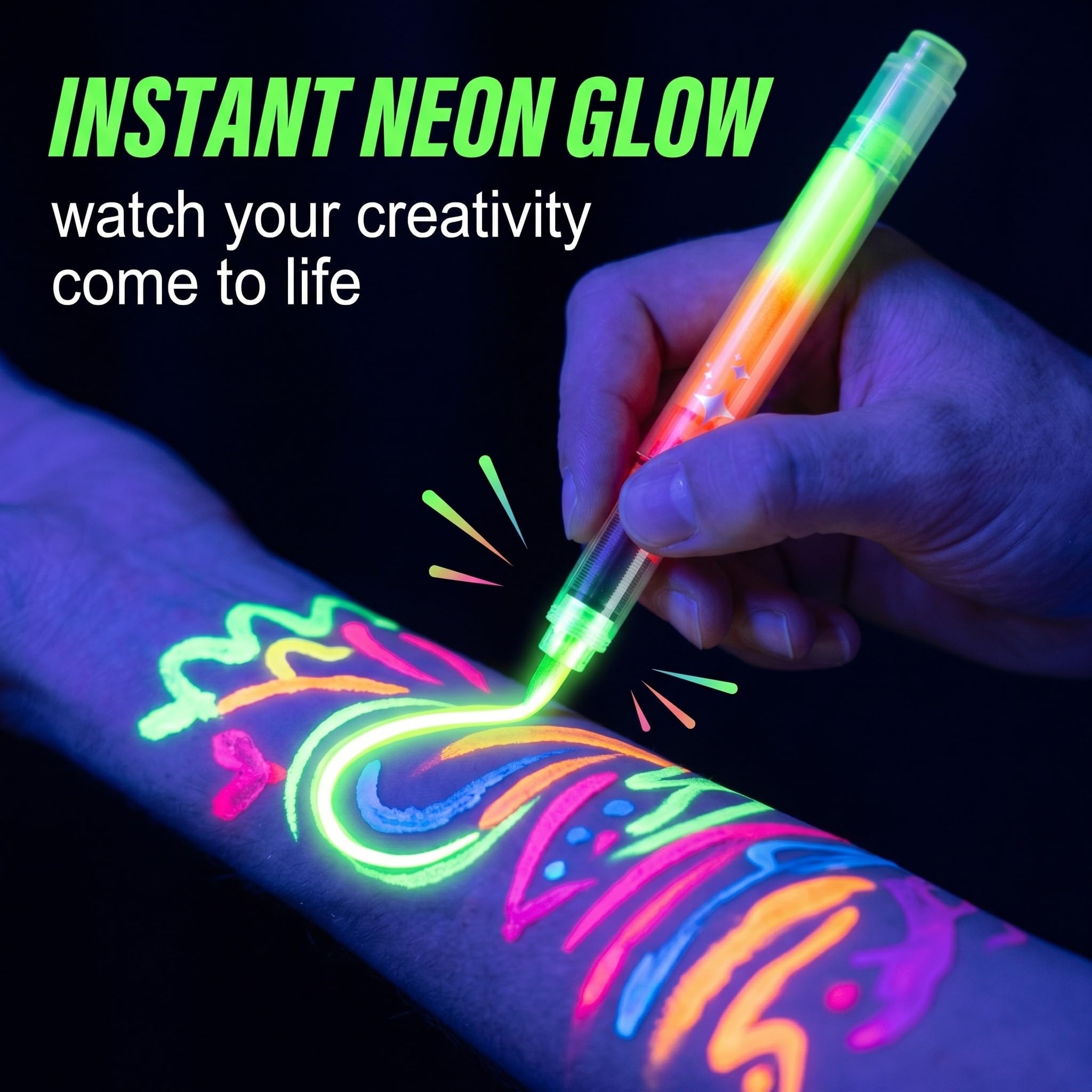 Set De 12 Pinturas De Cara Neón UV Y 24 Tatuajes Temporales – Lápices Fluorescentes Lavables, Brillan Bajo Luz Ultravioleta, Para Fiestas Y Halloween