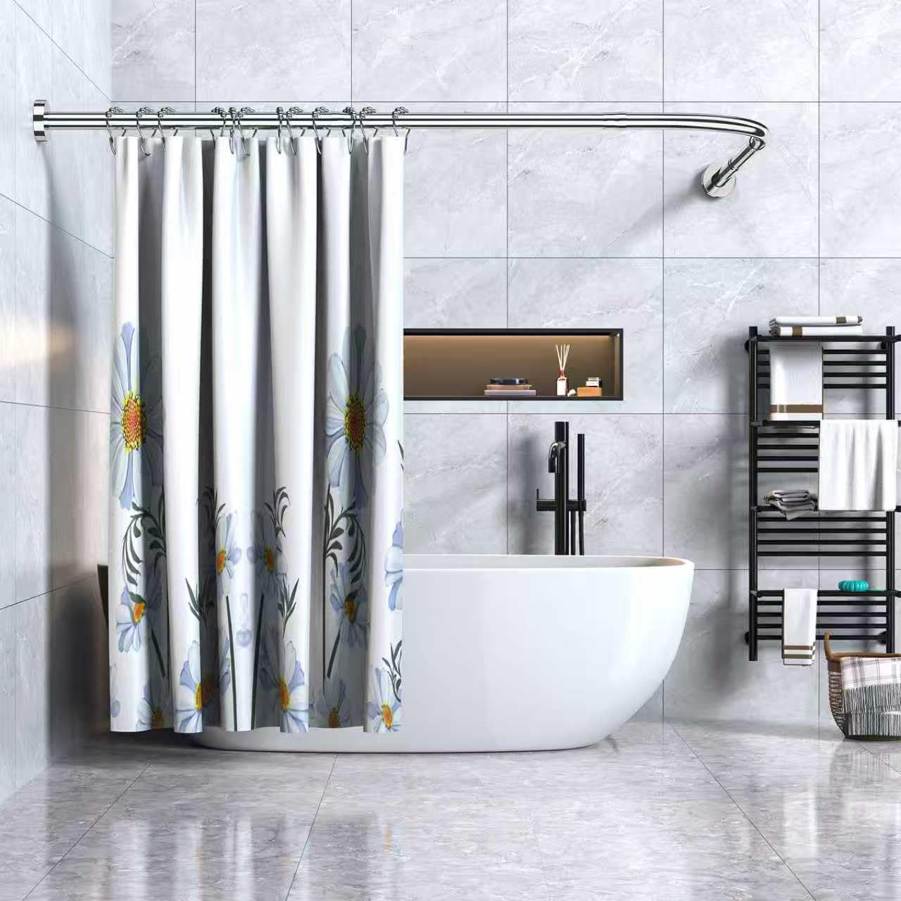 Duschvorhangstange Verstellbar L-Form, Duschstange Ecke 304 Edelstahl, (70-100 cm × 70-100 cm), Eckduschstange mit 18 Edelstahlringen, Bohren/Bohrfreie Montage, für Badezimmer & Badewanne - Silber