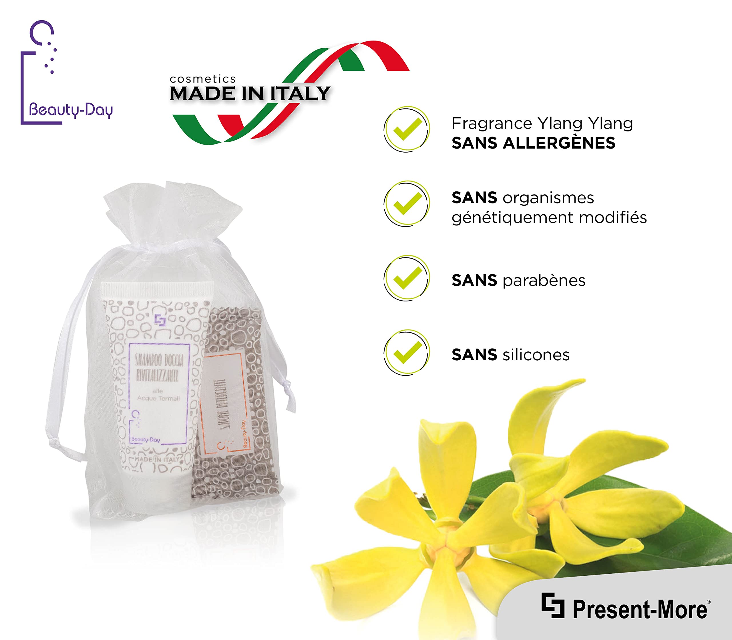 PRESENT-MORE - Kit Accueil 35 Invités Beauty-Day Italy - Parfum Ylang Ylang - Contenu: Shampooing Douche, Savon et Bonnet de Douche - Made in Italy - Pour Hôtels et B&B