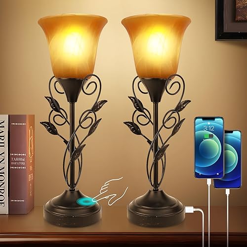 Touch Control Table Lamp with USB Port, 3-Way Dimmable Bedside Nightstand Lamp, Amber Glass Shade Vintage Rural Leaf Torchiere Flower Lamp for