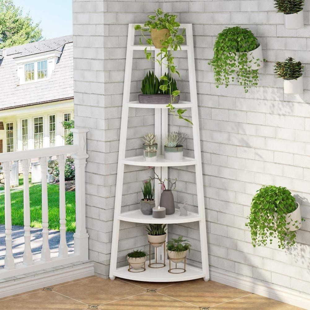 Solid Wood Corner Ladder Shelf for Living Room Wooden Floor Standing Corner (White)-image-20