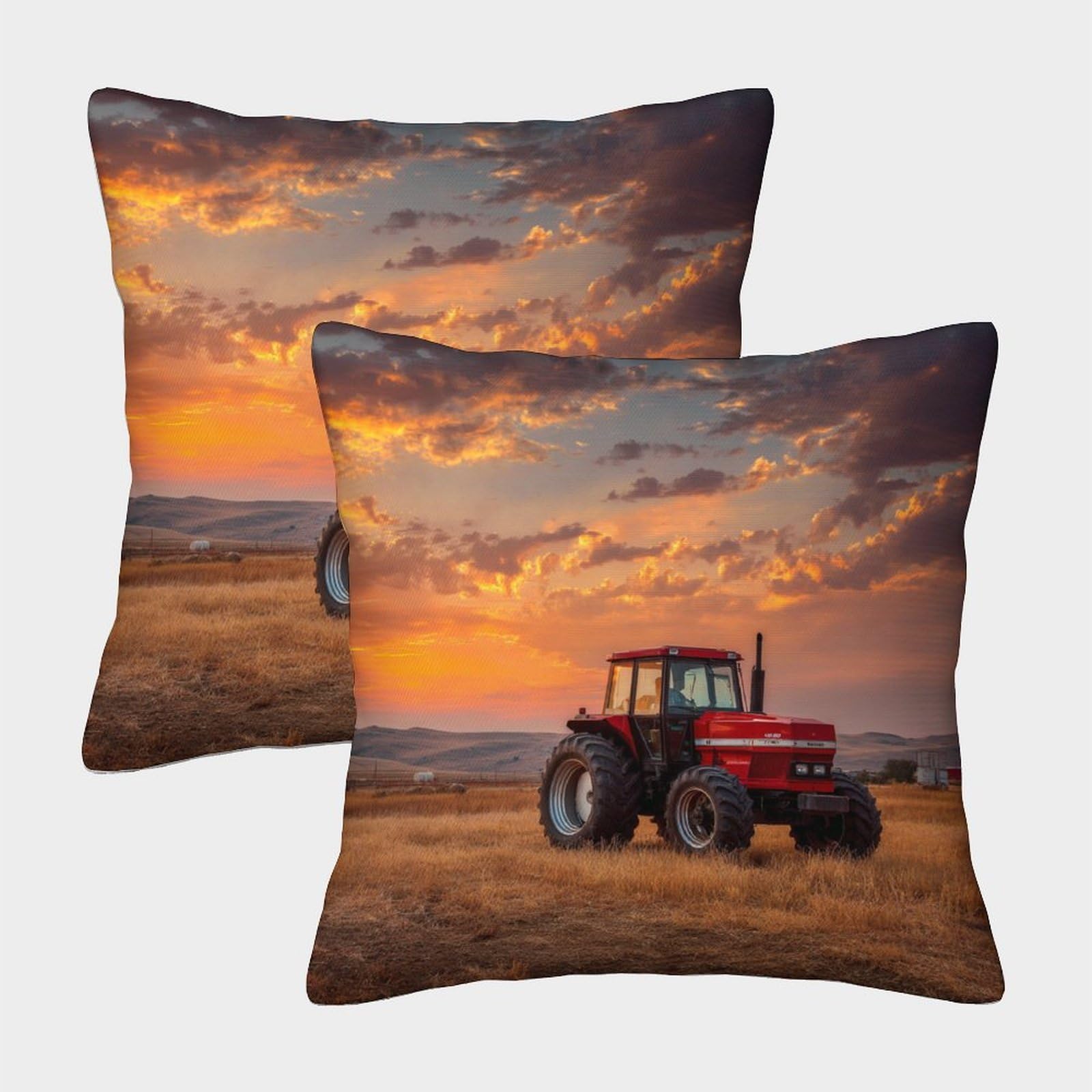 kaiyun 2 Pack A Red Articulated Tractor Drives Across The Pasture, A Beautiful Sunset in The Distance 3D Image Printed Single-sided Cushion Cover 50x50cm