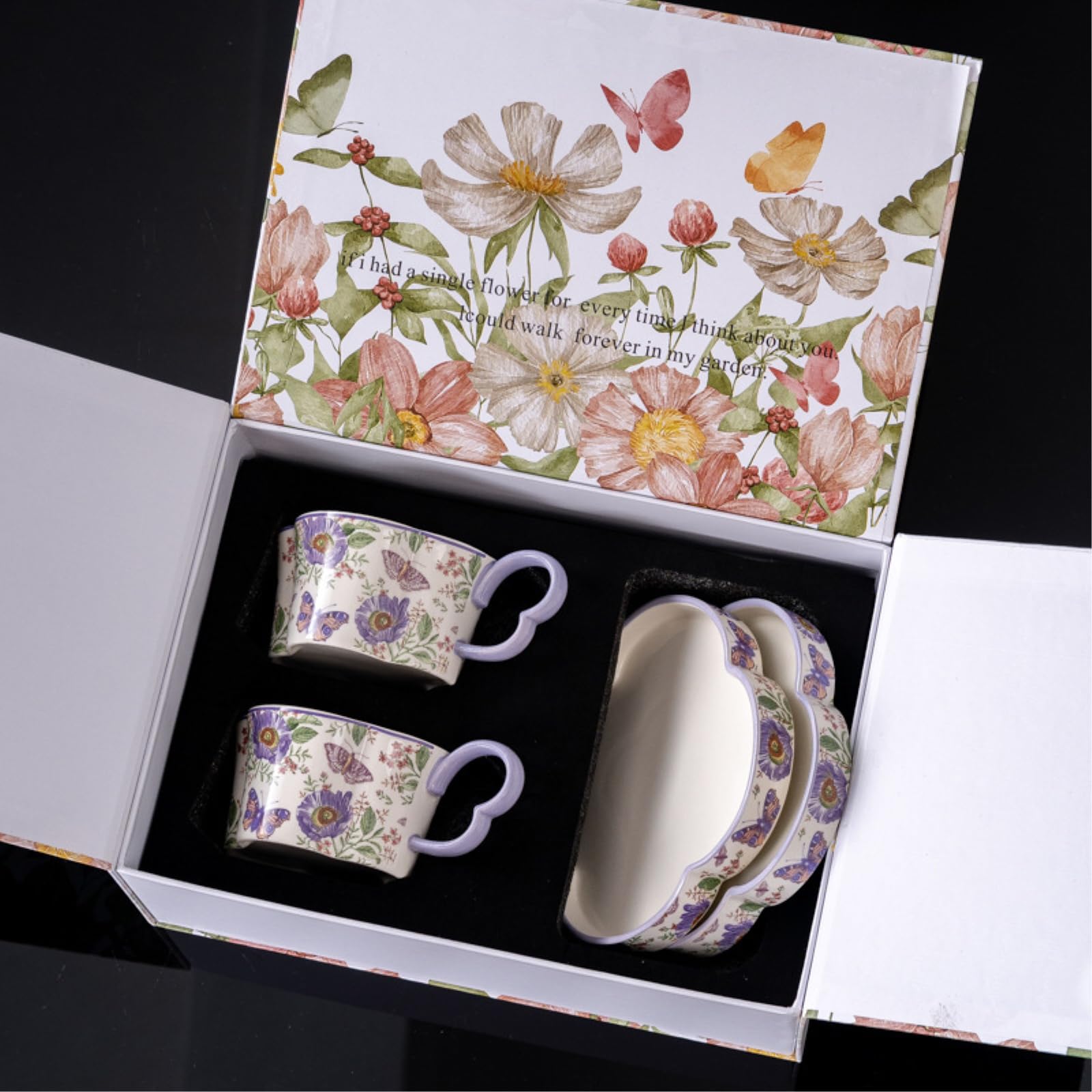 Ceramiczny zestaw filiżanek do kawy i spodków, 255 ml, kwiatowy wzór motyla, luksusowy styl retro, tajny motyw ogrodowy, do użytku domowego i biurowego, 2 filiżanki i spodki