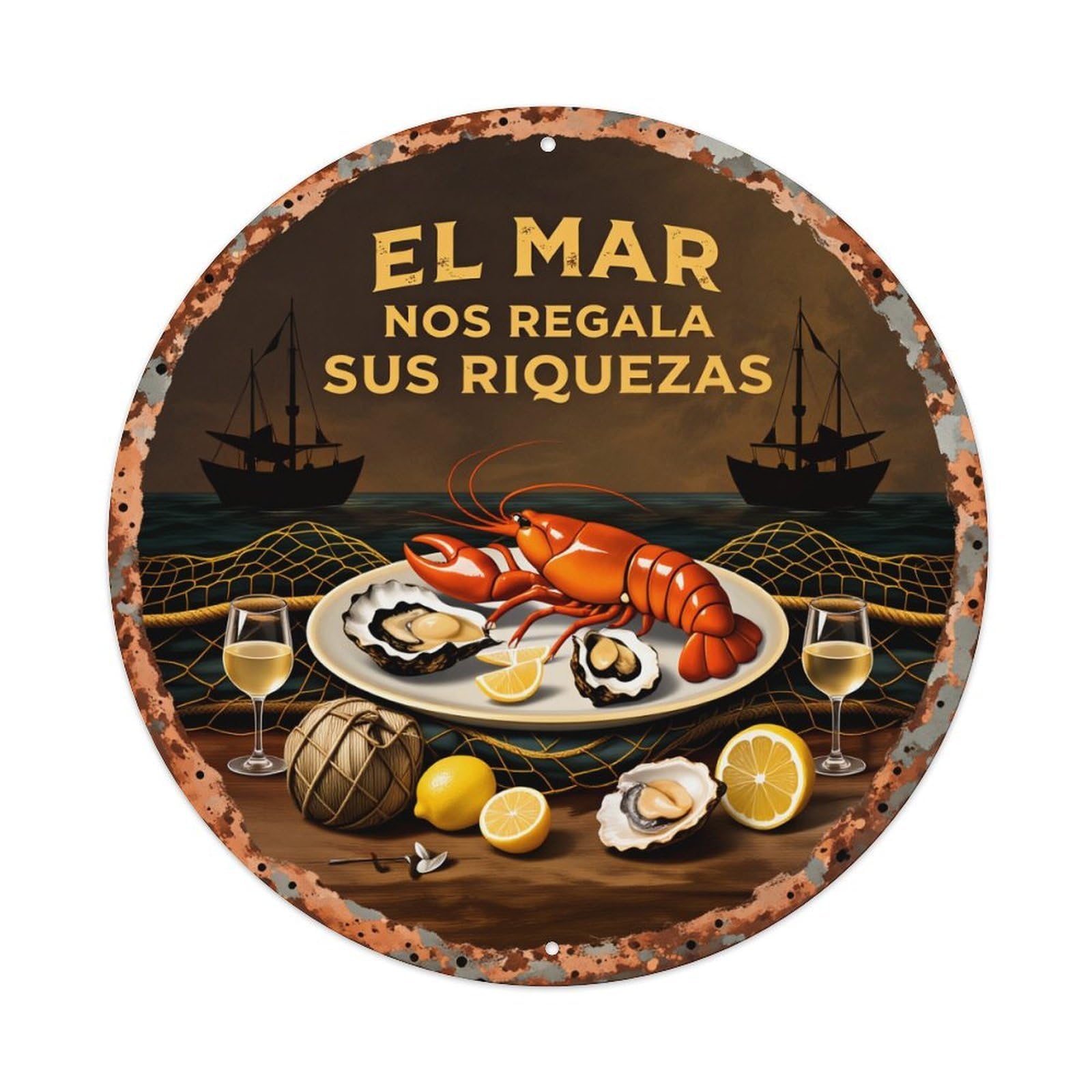 Seafood And Wine Scene Vintage Metal Tin Sign Retro Wall Decor for Home Bar Garage Cafe, Indoor & Outdoor Decorative，circle Metal Poster, 8x8 Inch