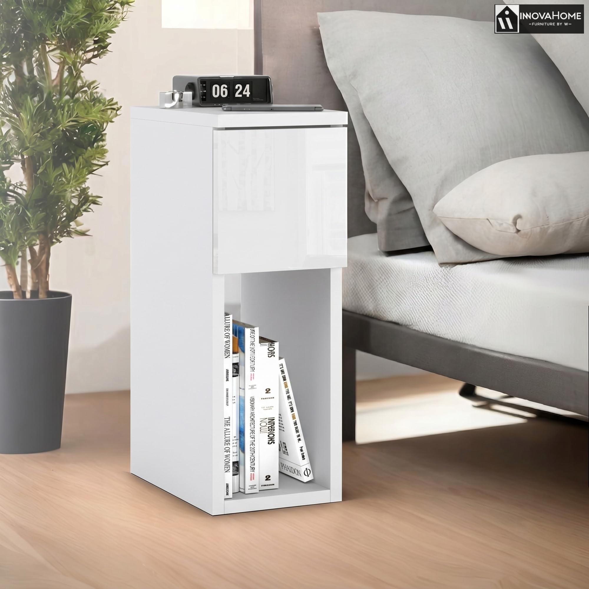 INNOVAHOME Nachttisch Schmal, Weiß Hochglanz, 20cm | Platzsparend, Tiefe 25cm Schublade, Beistelltisch für kleine Räume, Made in EU