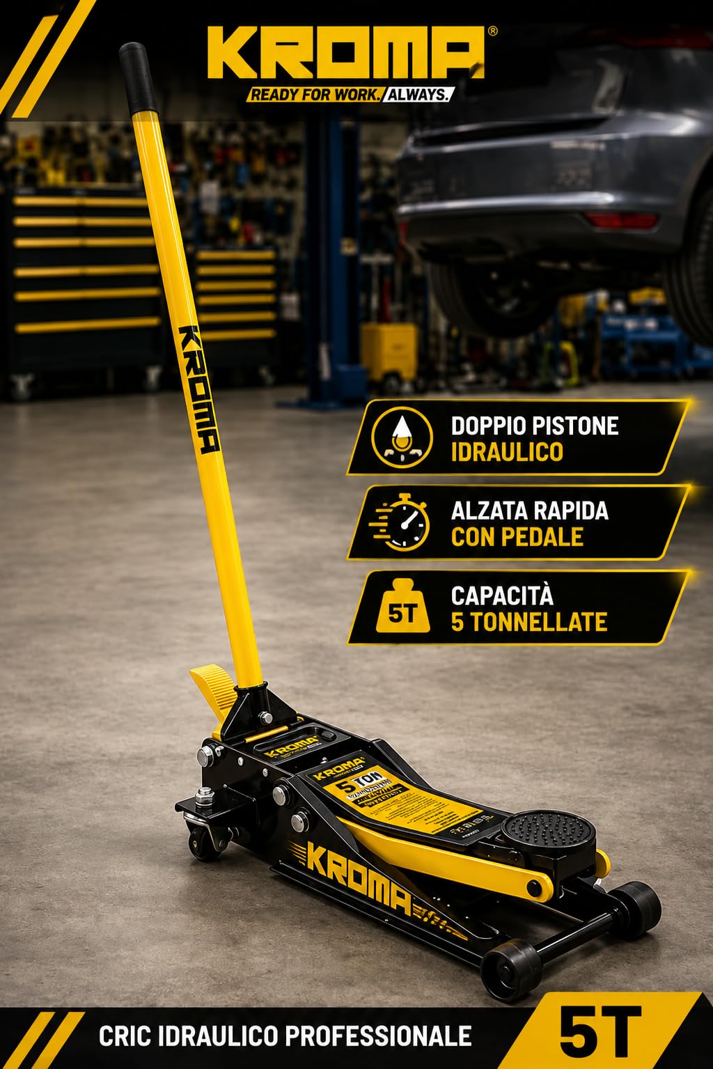 Kroma - Gato hidráulico profesional de 5 toneladas para coche de perfil bajo 75 – 505 mm, doble pistón hidráulico, elevación rápida a pedal, ruedas de metal giratorias