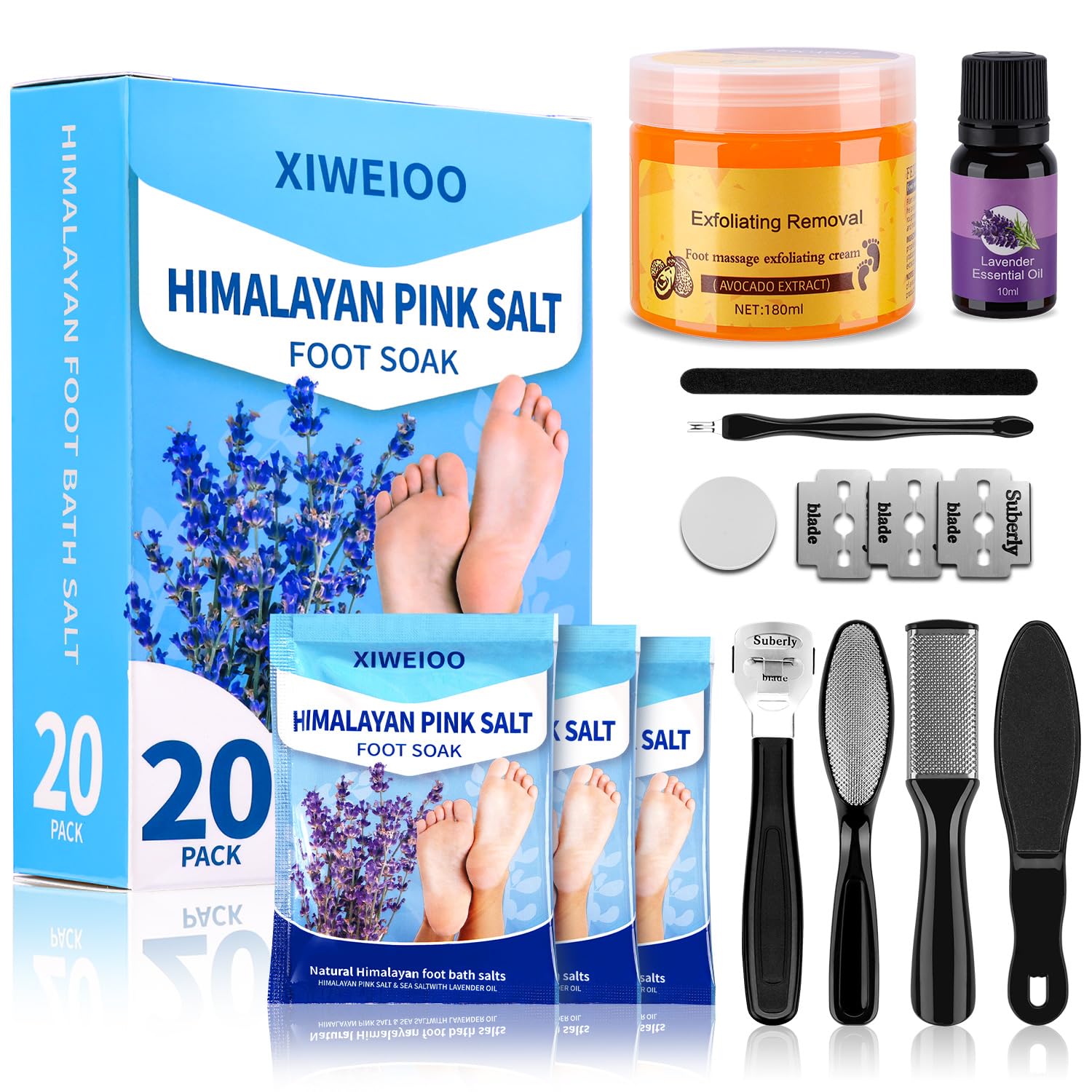 XIWEIOO Foot Soak salt kit with Tea Tree Oil - Moisturize, Reduce Foot Odor, & Soothe Aching Feet tool set Foot cream spa bath massager Epsom Salt