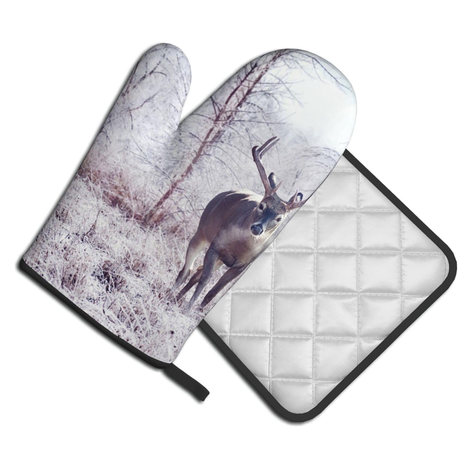 Oven Mitts and Pot Holders Set of 2 Pcs, Winter Deer Printed Heat Resistant Kitchen Gloves Potholders for Cooking Baking Grilling