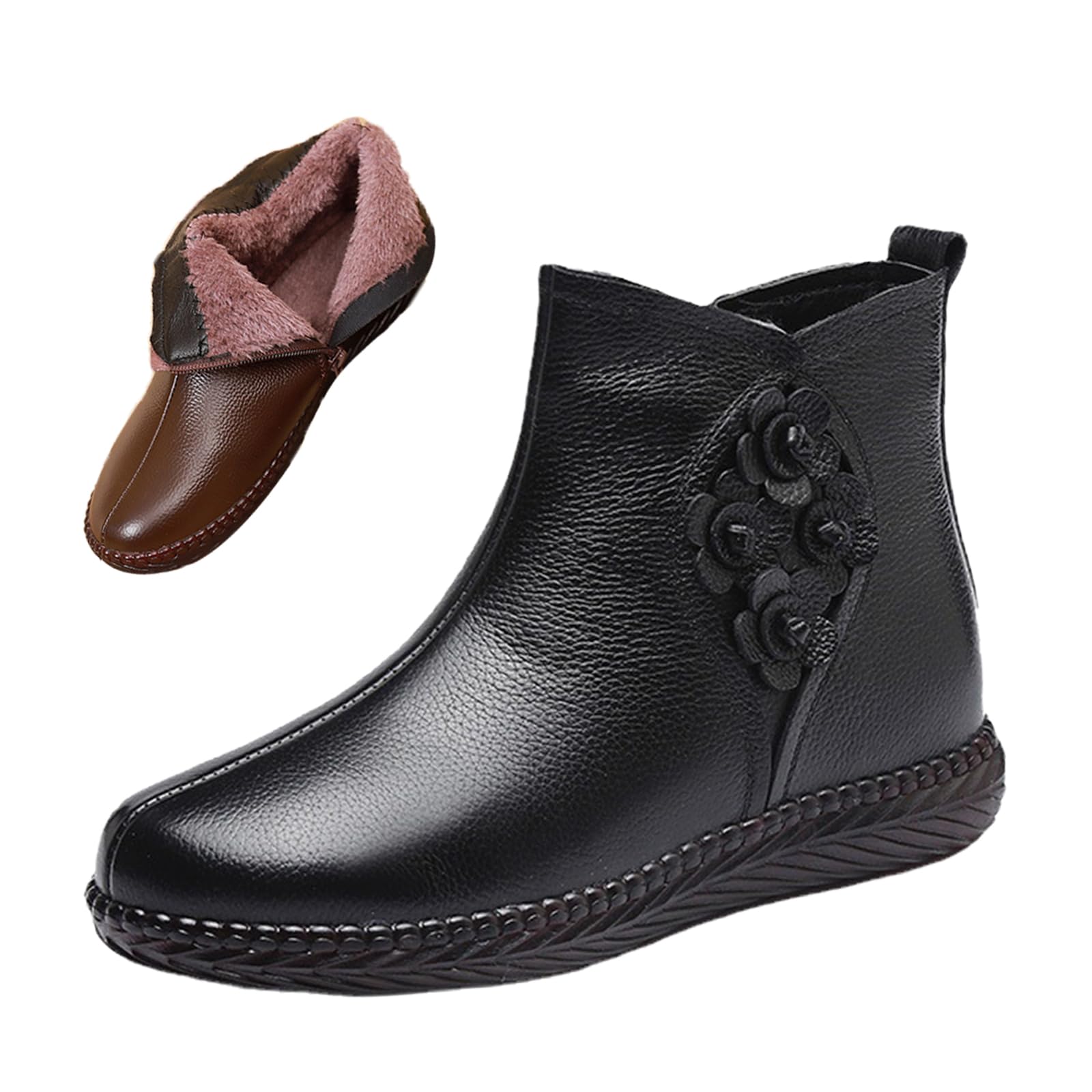 Womens Leather Zipper Ankle-Support Boots Comfy Waterproof Non-slip Oxford Soft Sole Casual Dress Short Booties