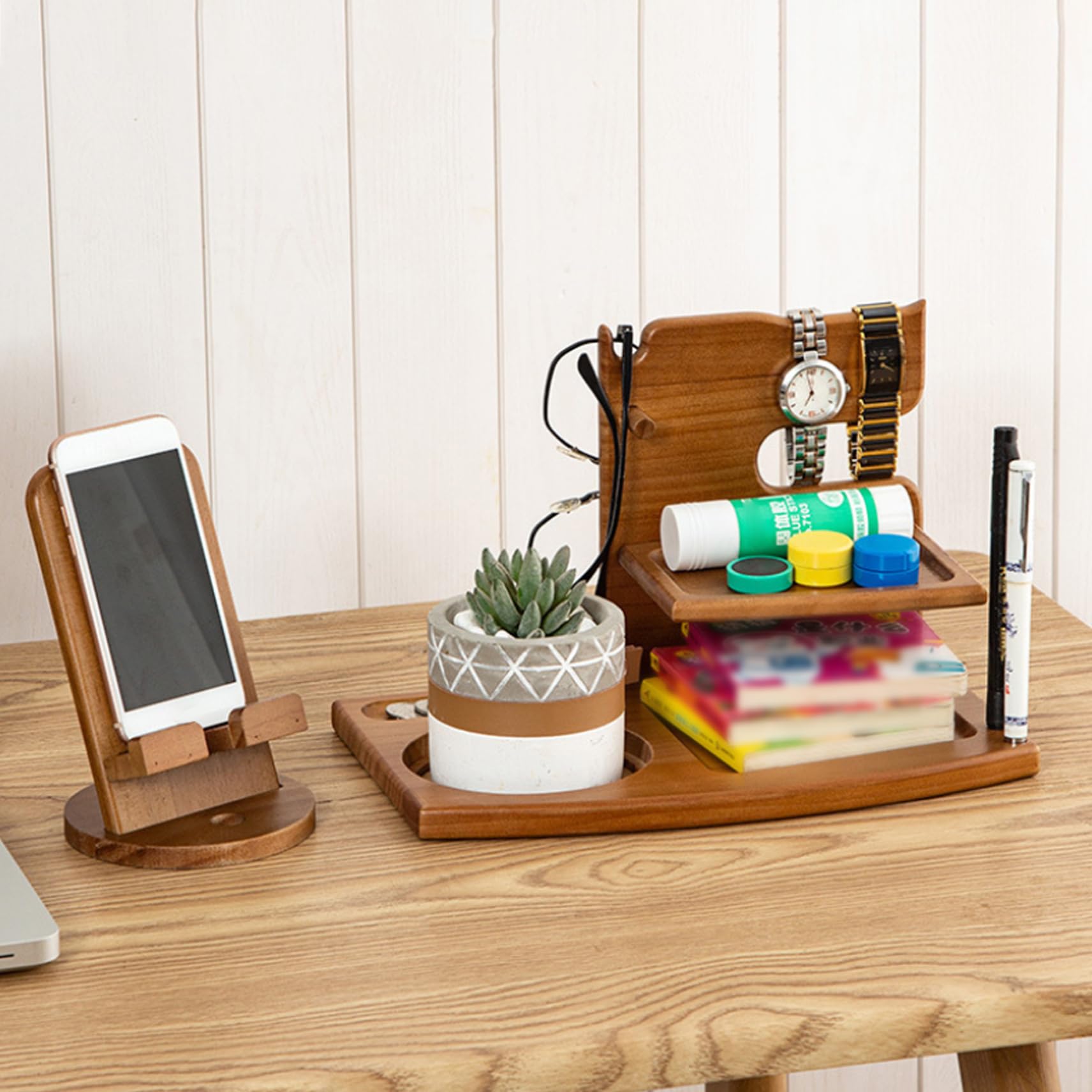 Organiseur de table de chevet en bois pour homme avec support montre – Station d'accueil multifonction pour téléphone, table chevet, plateau rangement pour téléphone, lunettes, bijoux