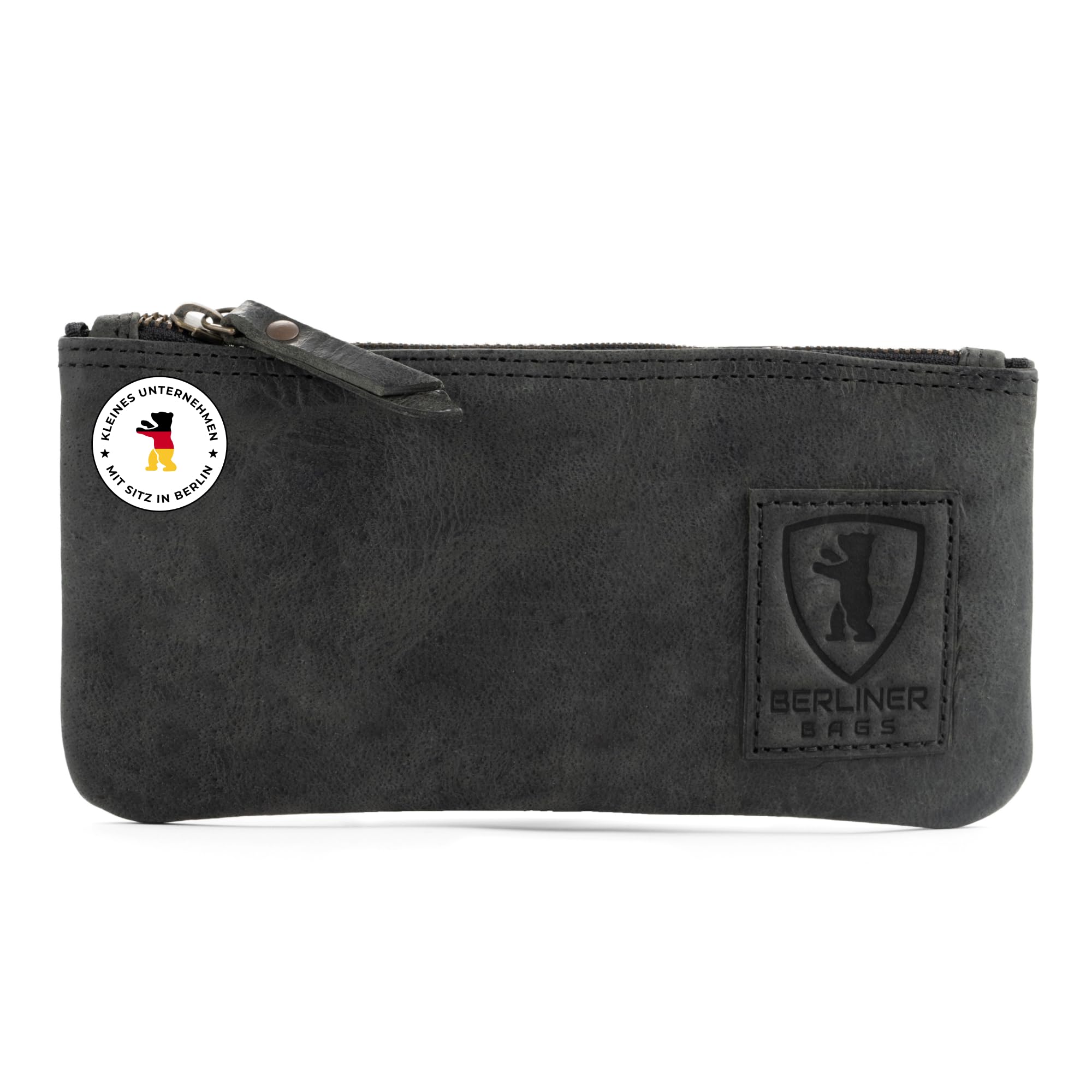 Berliner Bags Vintage Federmäppchen Etui aus Leder mit YKK-Reißverschluss, Robuste Federmappe für Stifte und Zubehör - Dunkelgrau
