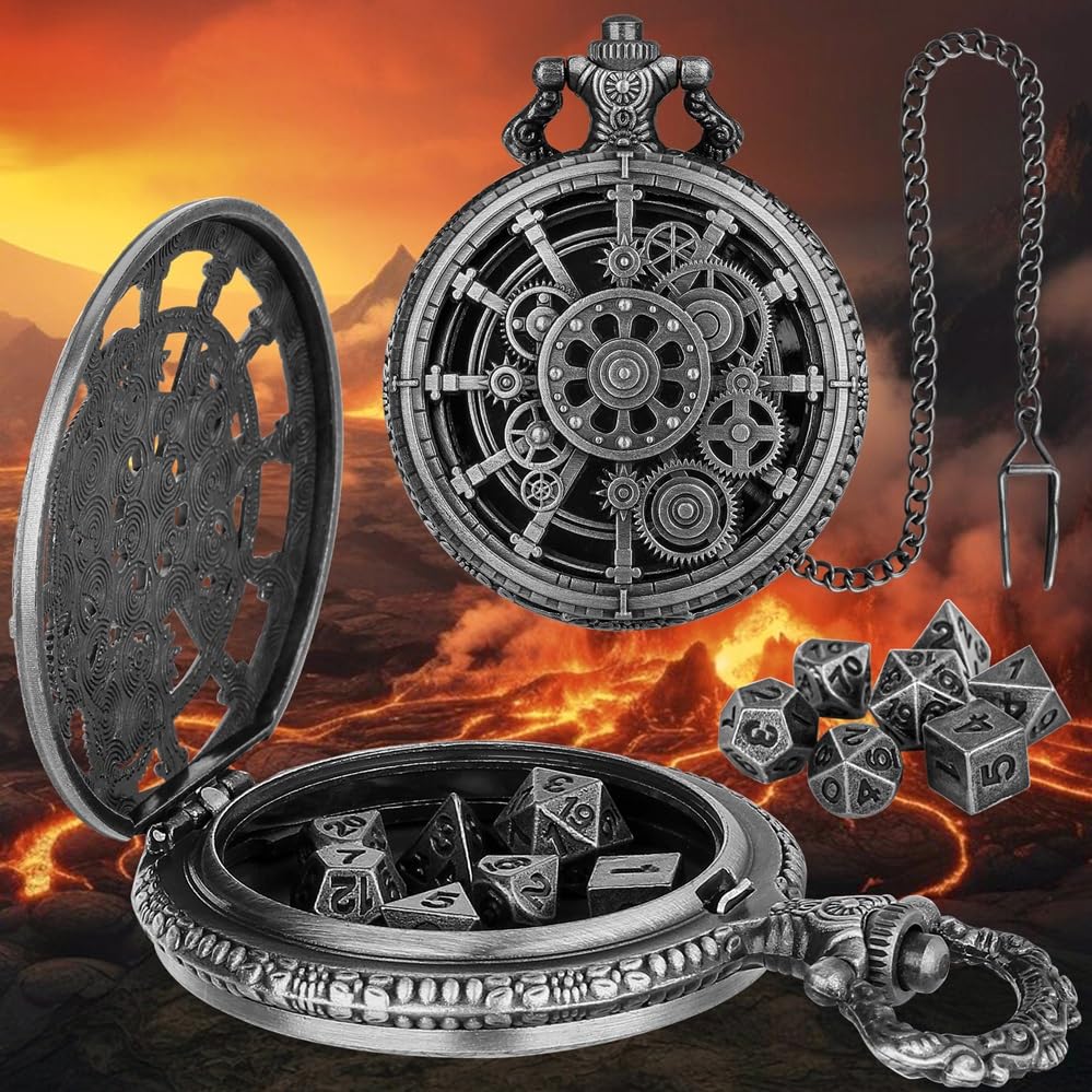 GOWOLA Mini Metal DND Dice Retro Pocket Watch Case, RPG Dungeons and Dragons Gifts Role-Playing Game Accessory