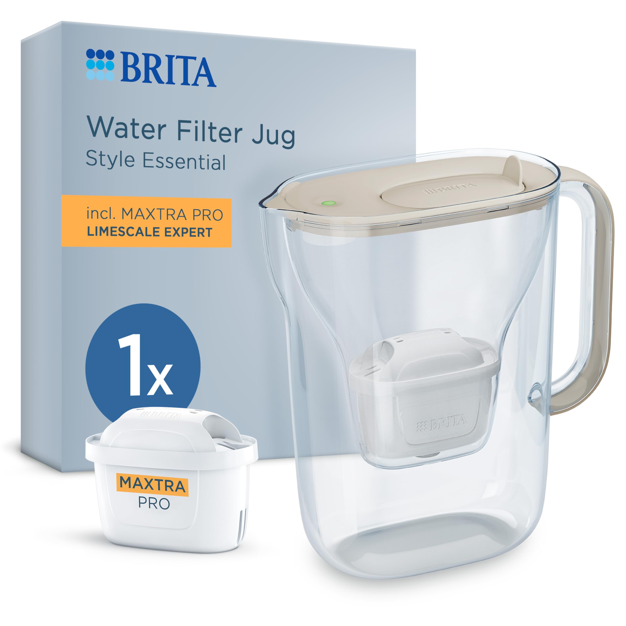 BRITA Water Filter Jug Style Essential (2.4l) Sand incl. 1x MAXTRA PRO Limescale Expert Cartridge