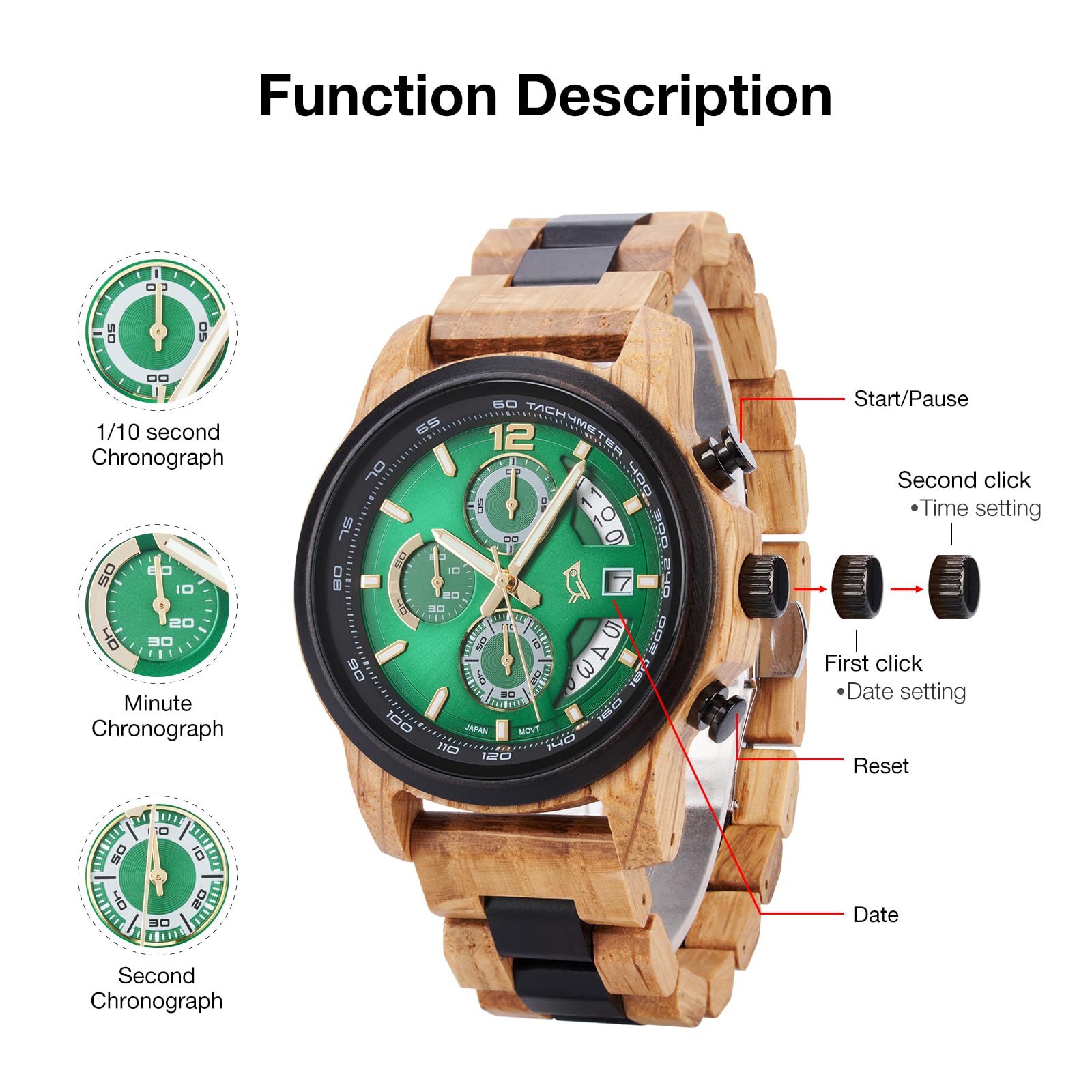 2win Reloj de madera grabado para marido y hombre, cronógrafo para hombre con llamativa esfera verde y diseño único de madera, regalo de aniversario, cumpleaños, Navidad, San Valentín para él